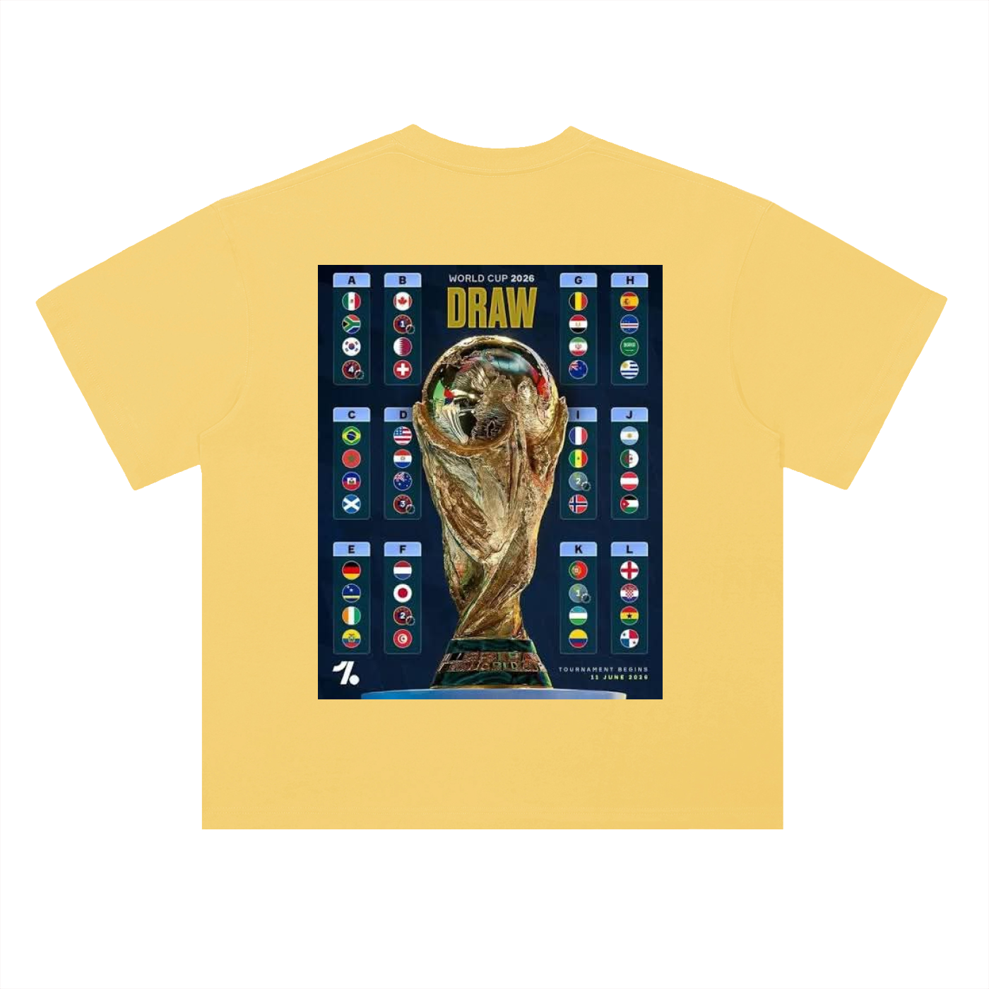 Yellow t-shirt with World Cup trophy and flags design on a white background