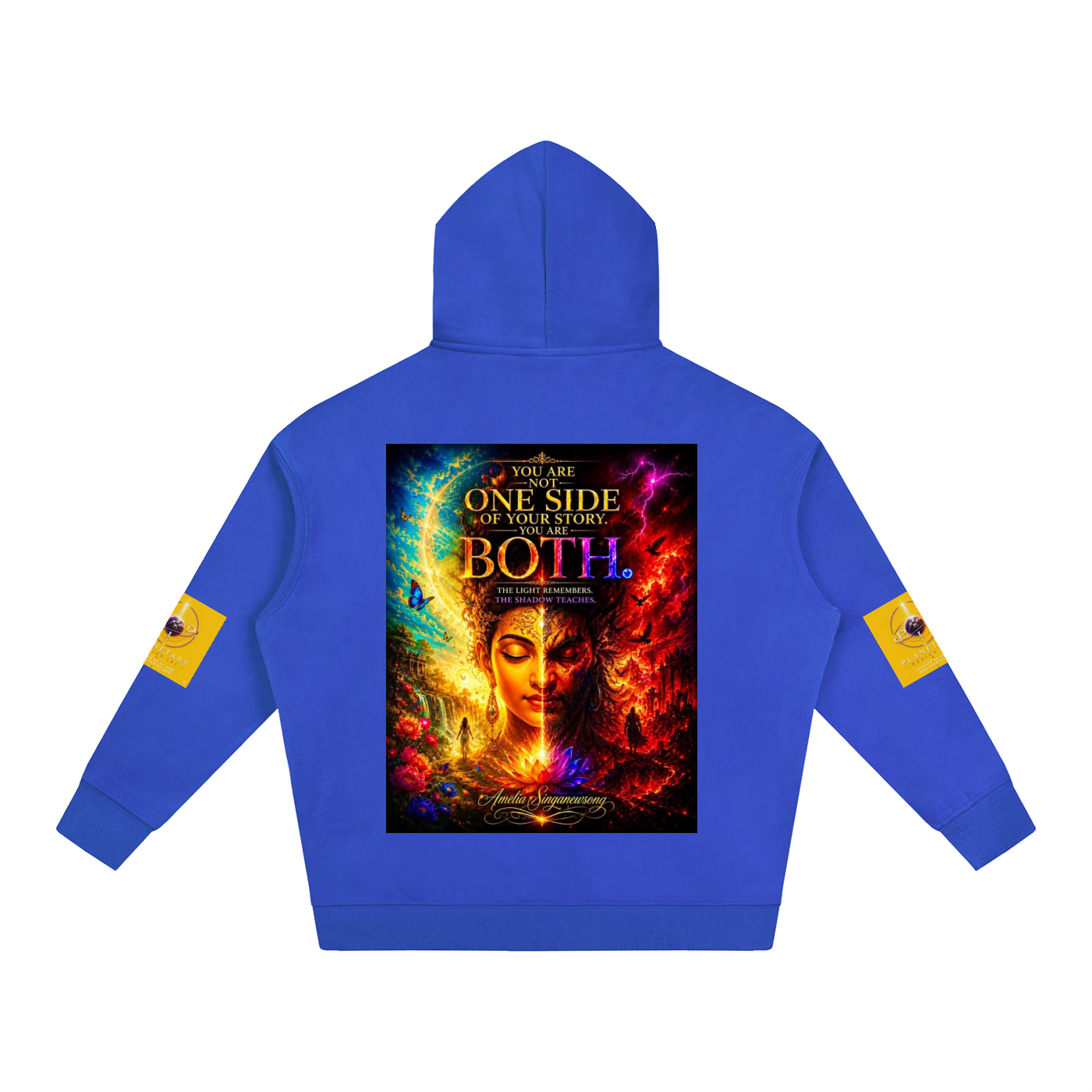A royal blue hoodie shown from the back, featuring a large, vibrant graphic print of a Buddha face with the text 'YOU WILL SEE THE ONE SIDE OF YOUR STORY BOTH.' on the back, and small yellow patches on both sleeves.