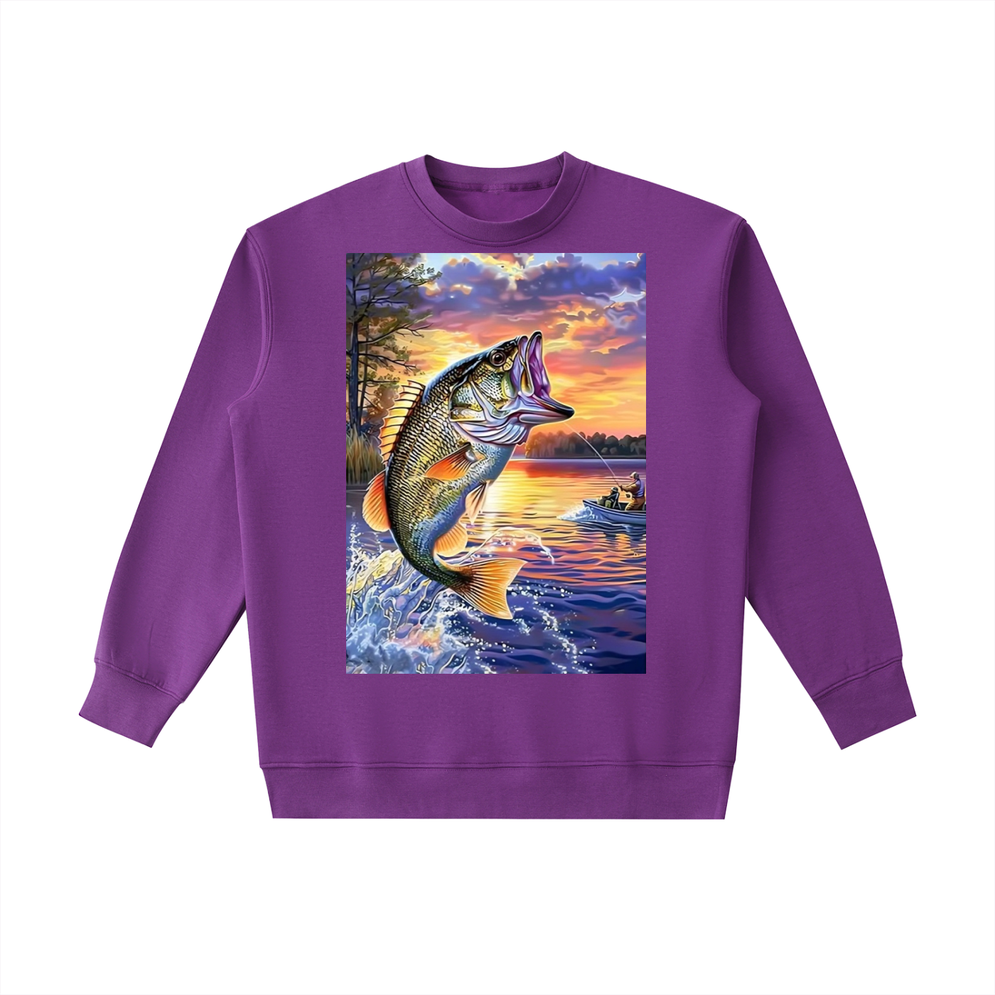 Purple sweatshirt with a fish and sunset design on a white background
