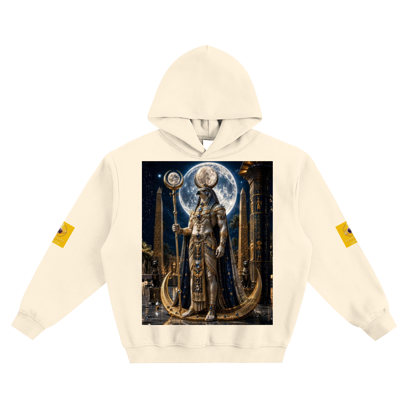 An off-white hooded sweatshirt with a large, detailed fantasy graphic of a golden statue in front of a full moon on the chest, and small yellow graphic patches on both sleeves, shown against a plain white background.