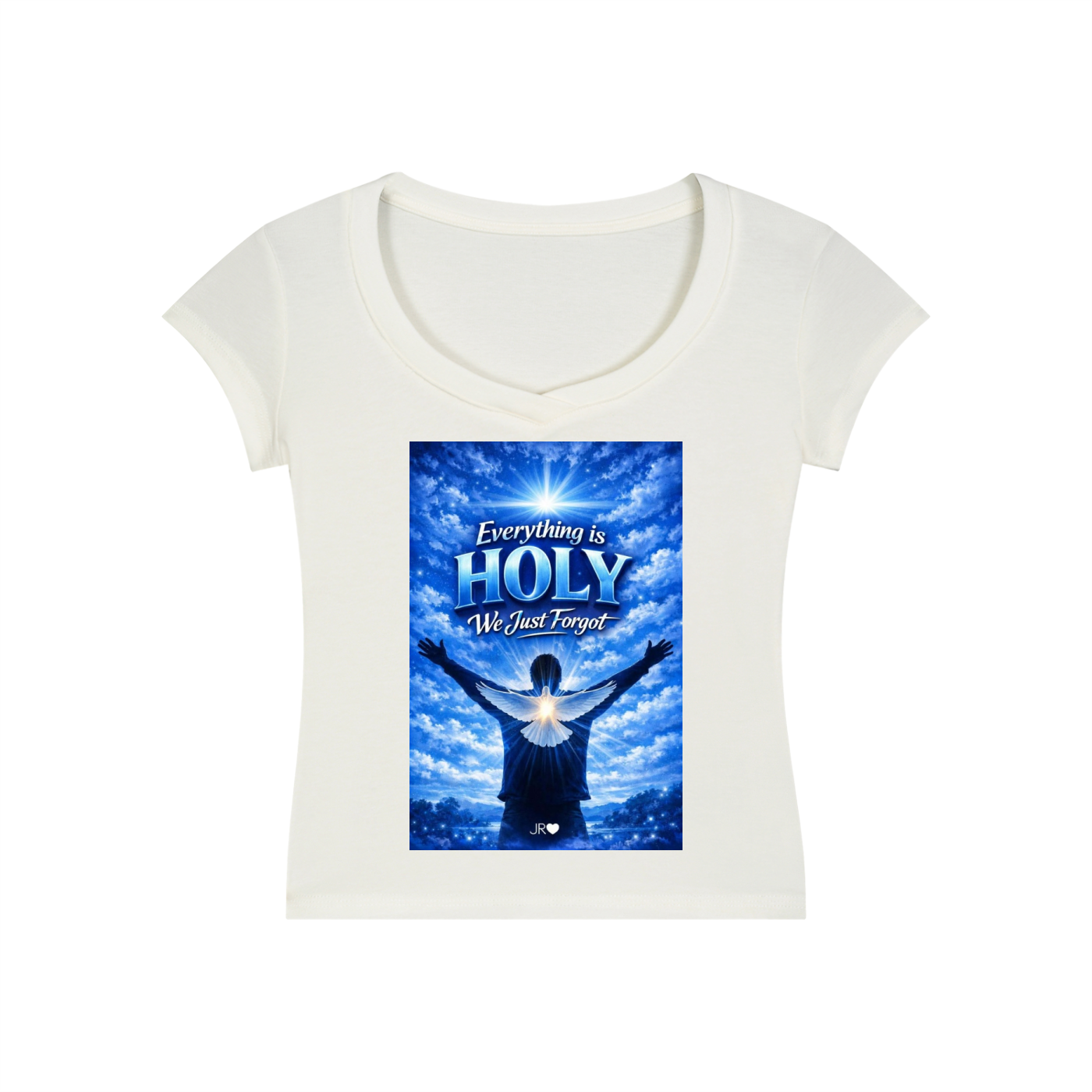 An off-white scoop-neck t-shirt with a graphic print on the front showing a figure with outstretched arms against a blue sky with clouds and the text 'Everything is HOLY We just Forget'.