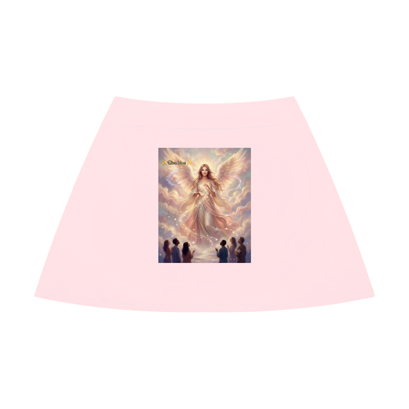 A light pink A-line skirt featuring a central graphic print of an angel with glowing wings and a halo, with silhouettes of people at the bottom, shown against a plain white background.