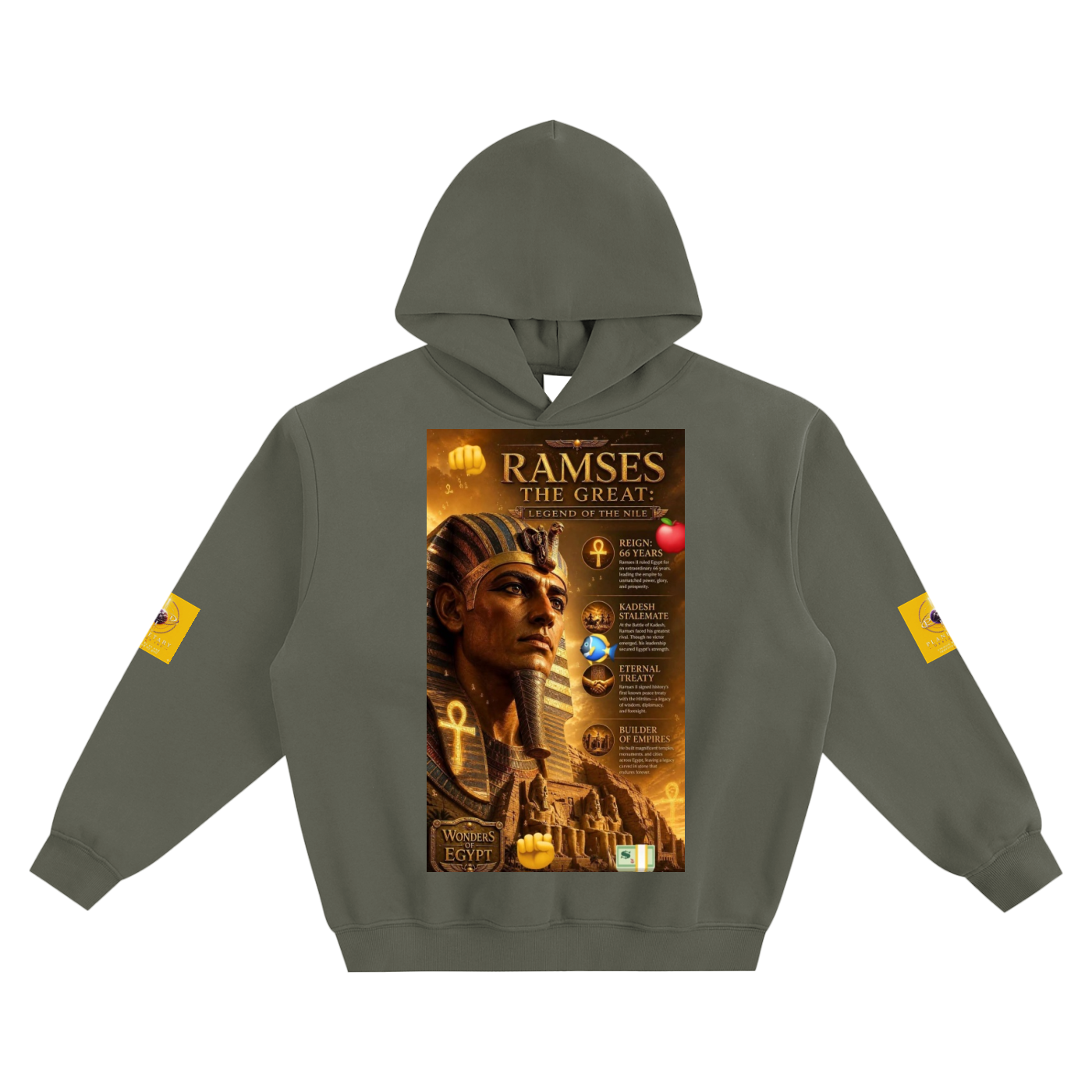 Gray hoodie with Ramses the Great design on a white background