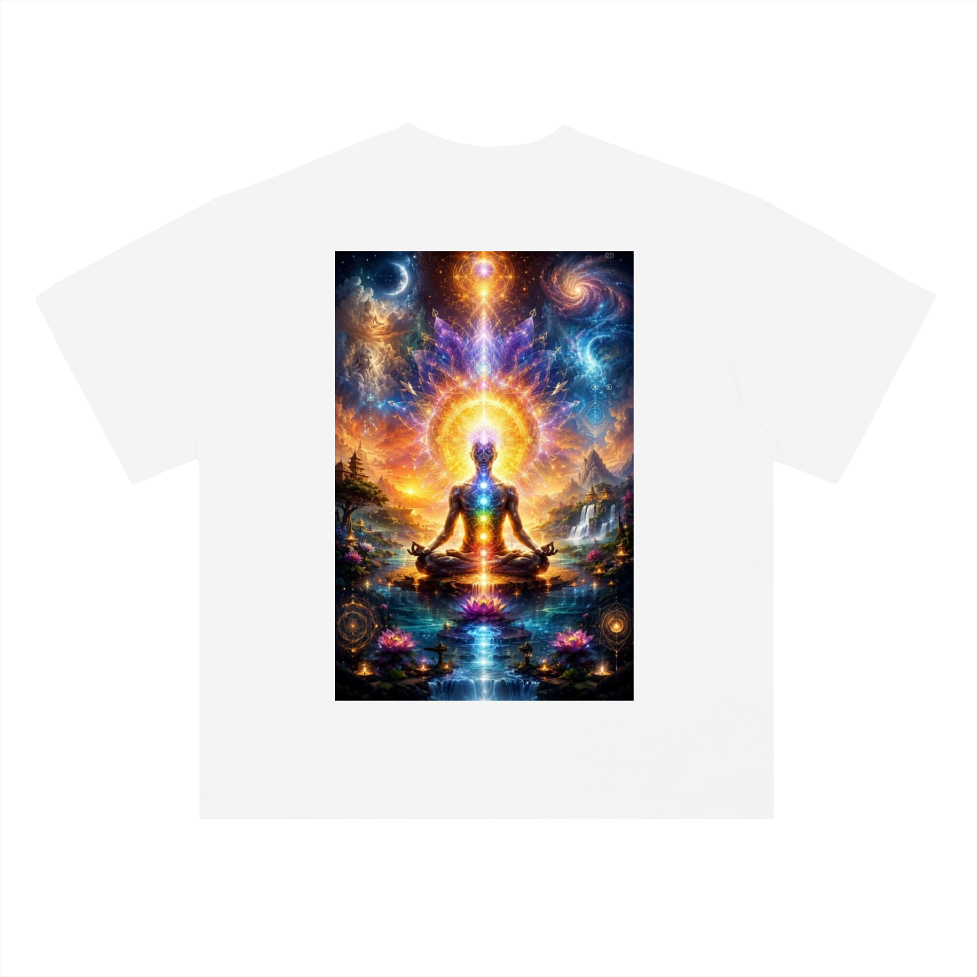 White t-shirt with a colorful graphic of a meditating figure and cosmic design on a white background