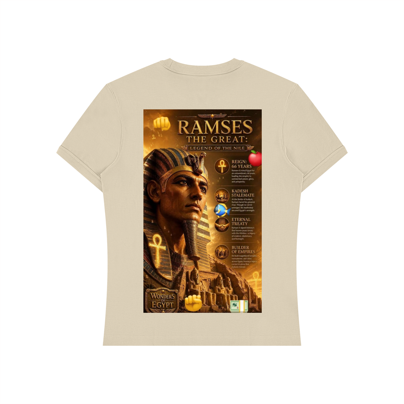 A beige crewneck t-shirt with a large rectangular graphic print on the front featuring an Egyptian pharaoh, gold hieroglyphs, and the text 'RAMSES THE GREAT - LEGEND OF THE KING'.