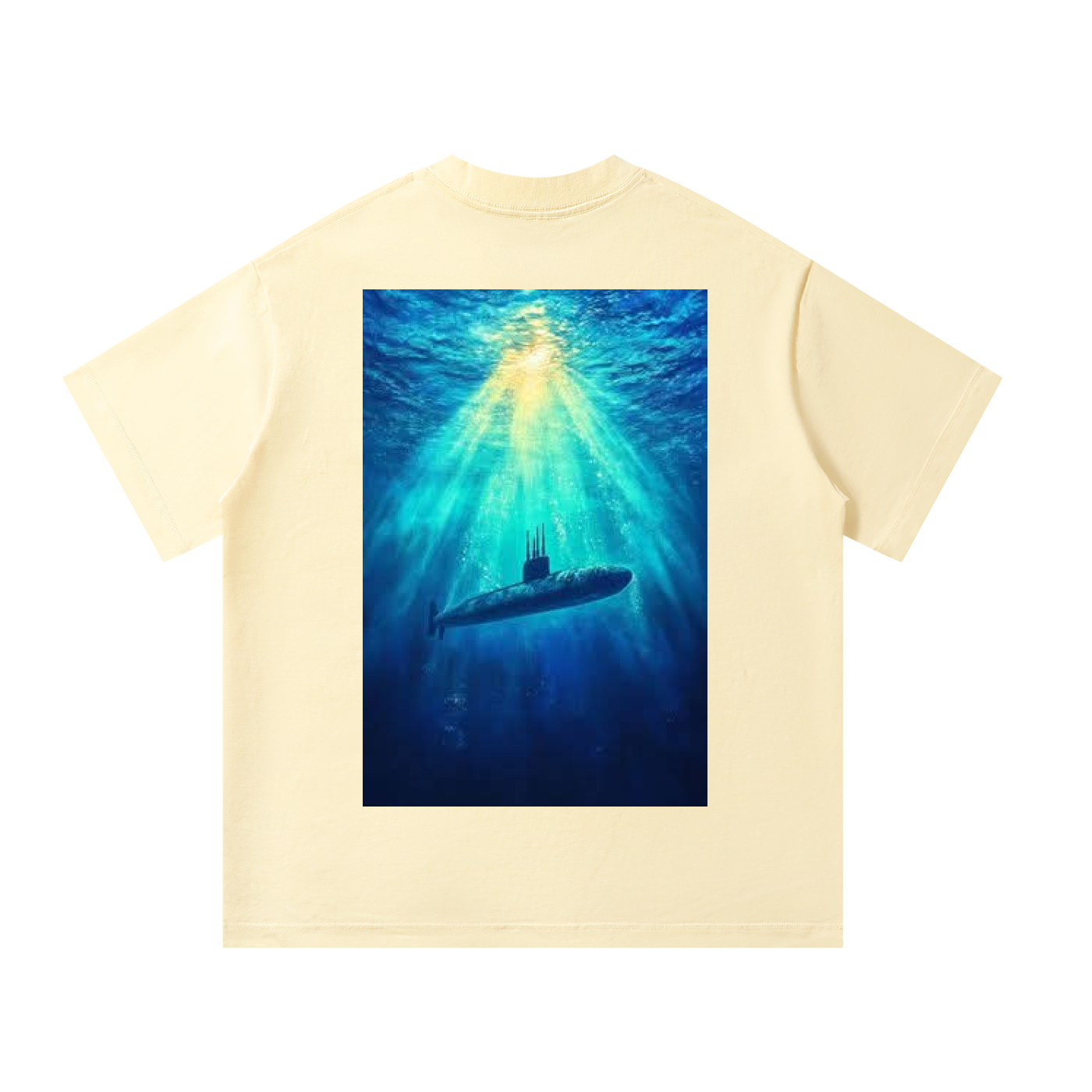 Beige t-shirt with a submarine graphic on a white background