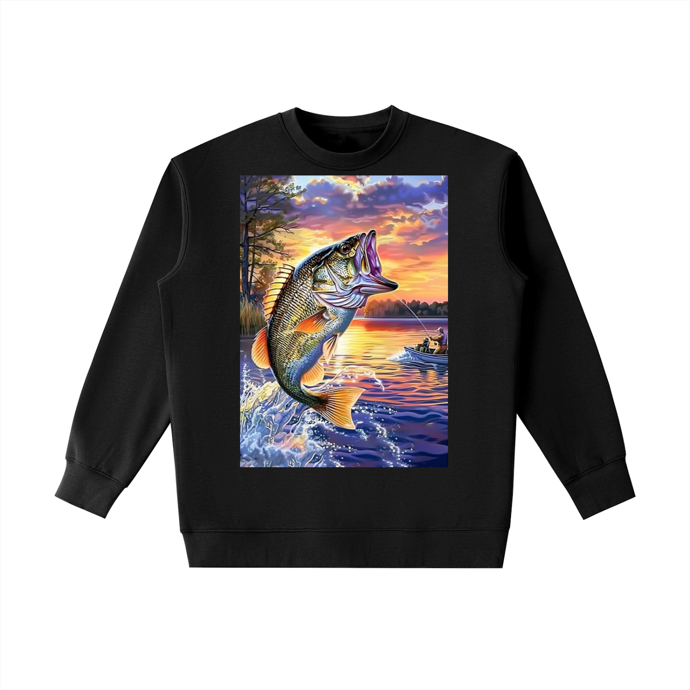 Black sweatshirt with a fish and sunset design on a white background