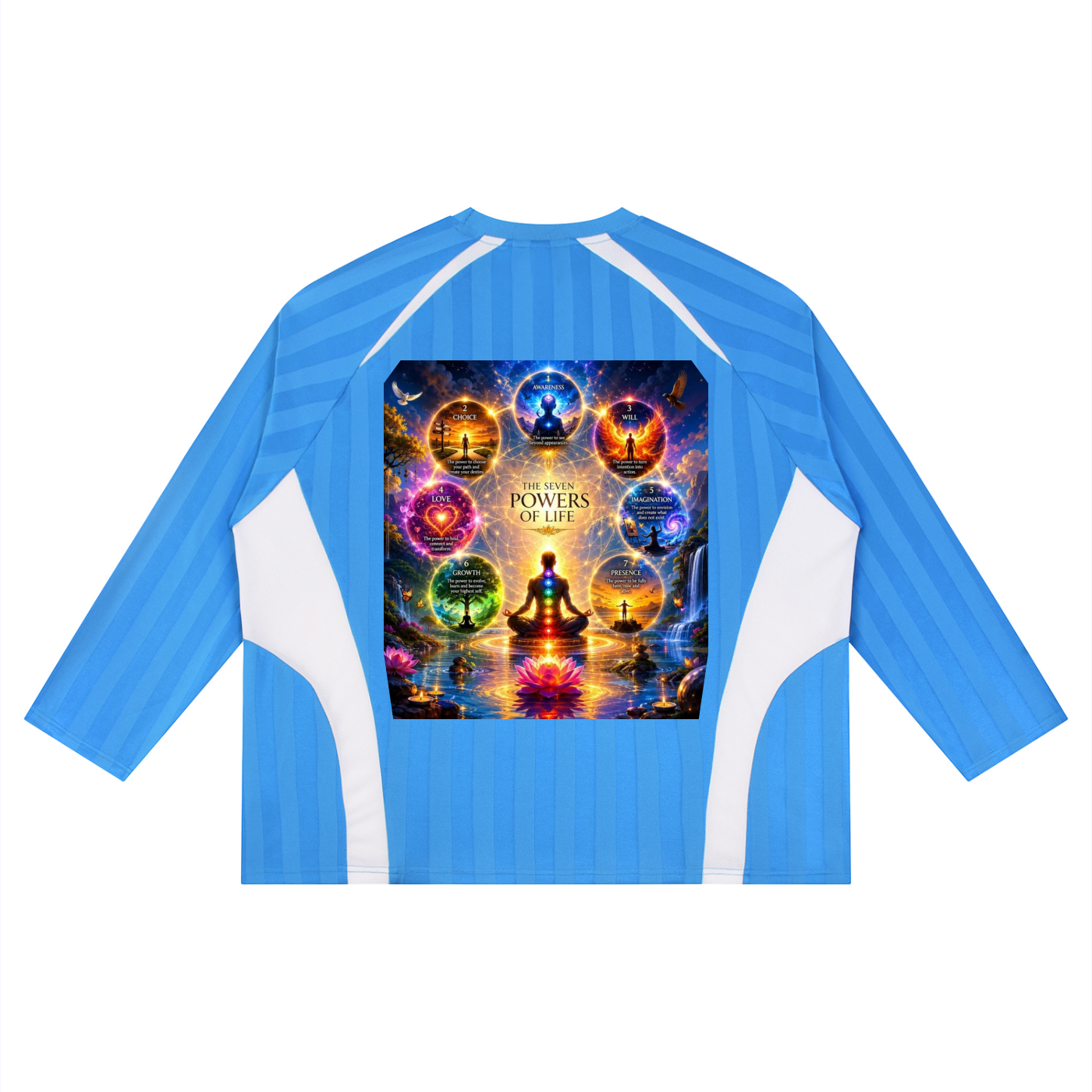 Blue and white long-sleeve shirt with a colorful design on the back