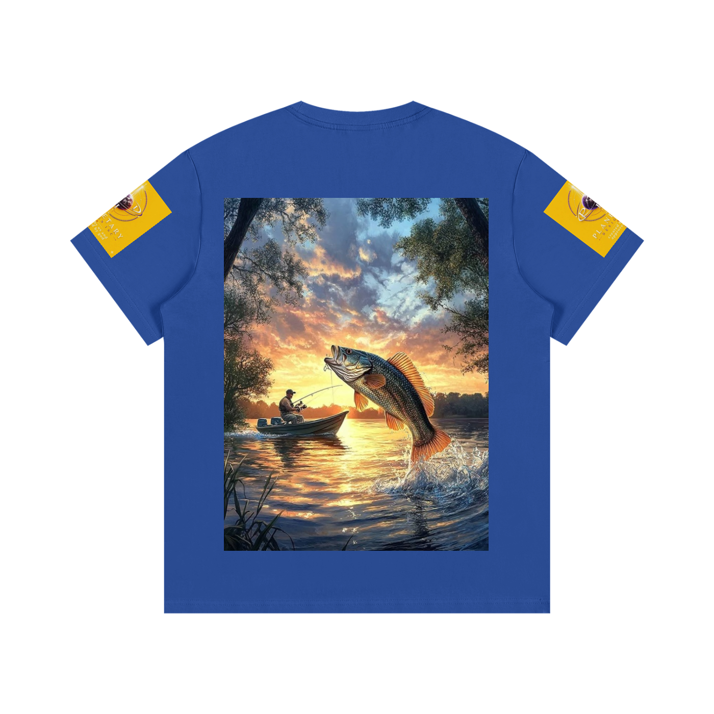 Blue t-shirt with a fishing scene print on a white background