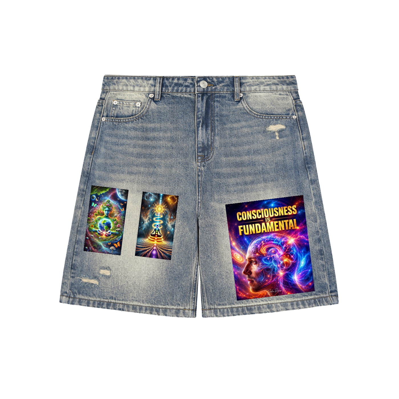 Denim shorts with graphic designs on a white background