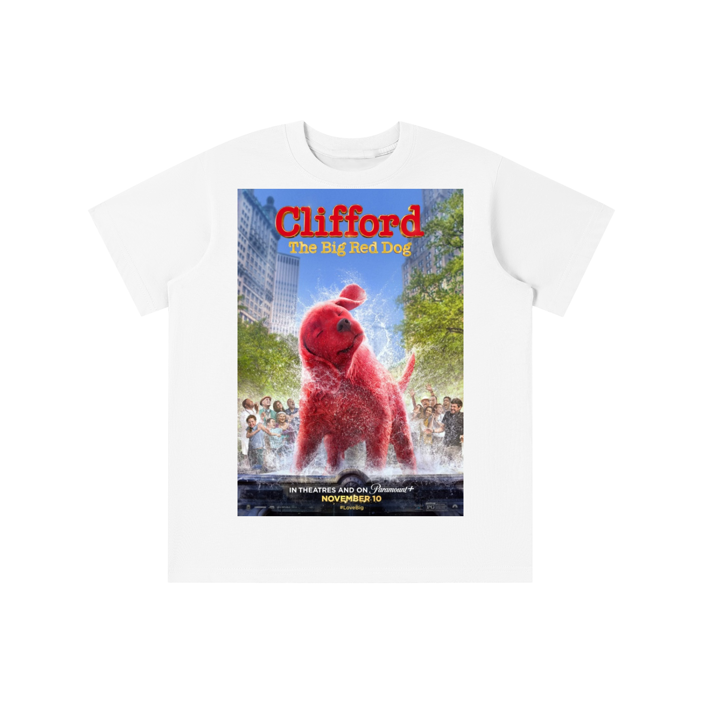 White t-shirt with Clifford the Big Red Dog movie poster design on a white background