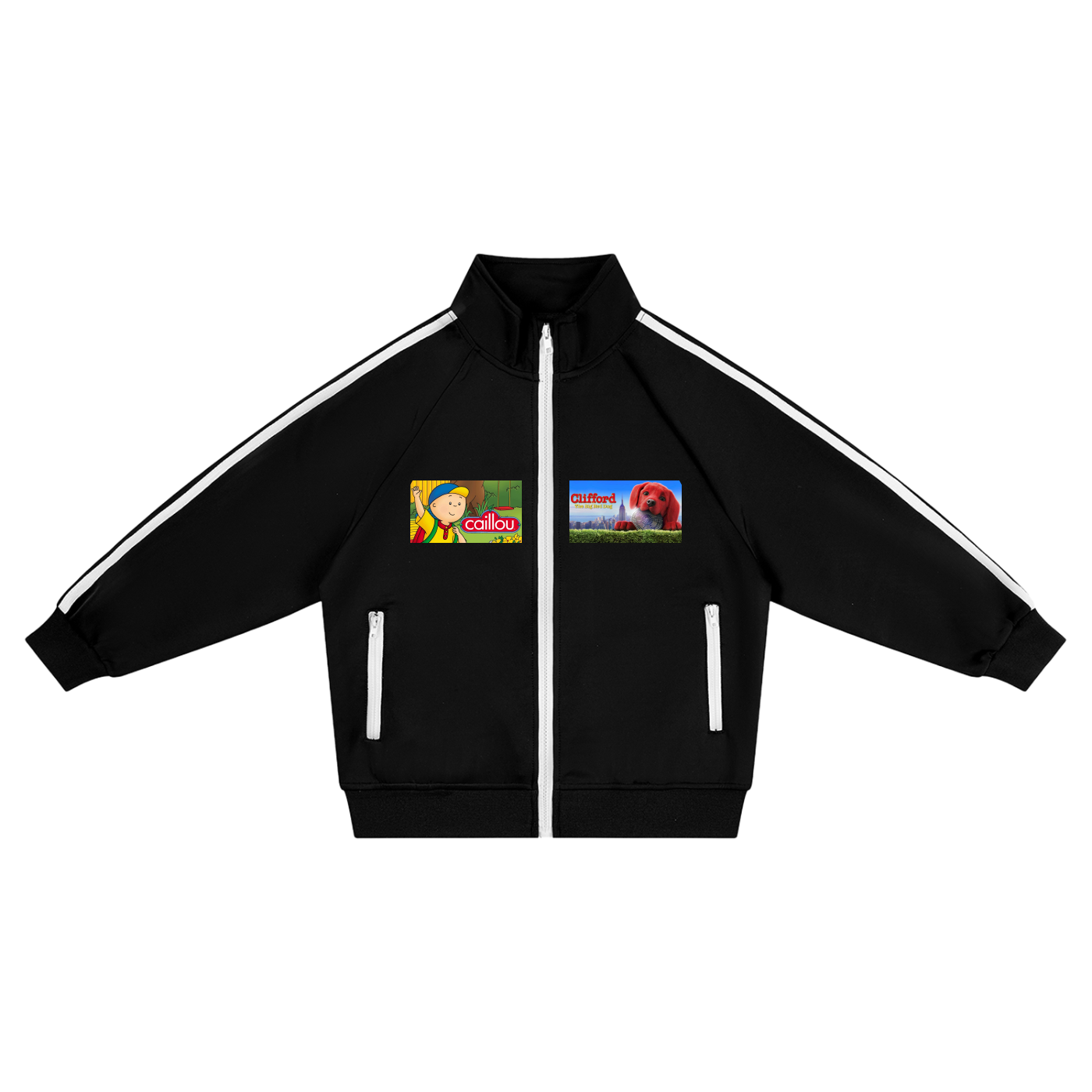 Black jacket with white stripes on sleeves and chest, featuring cartoon character logos.