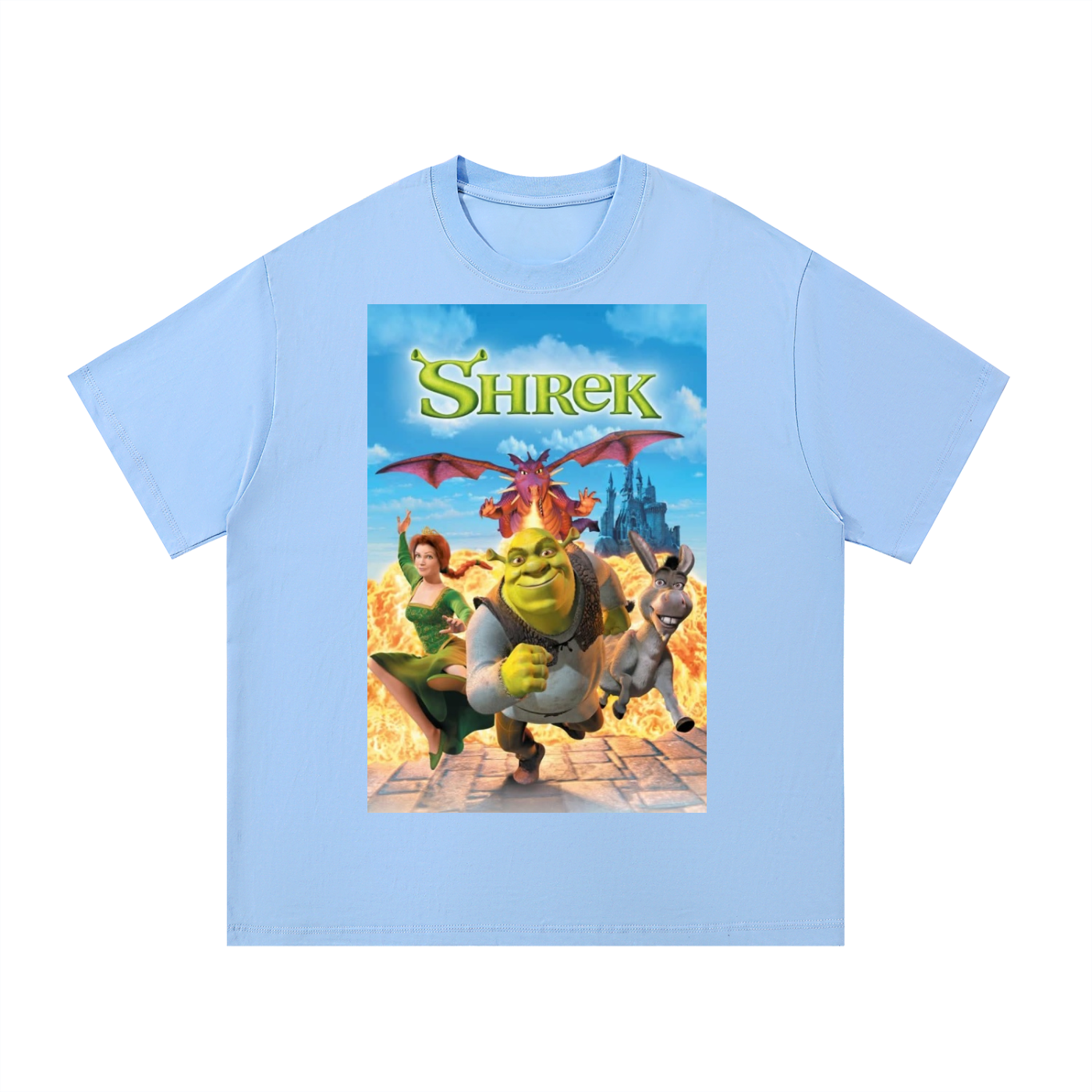 Light blue t-shirt with Shrek graphic on a white background