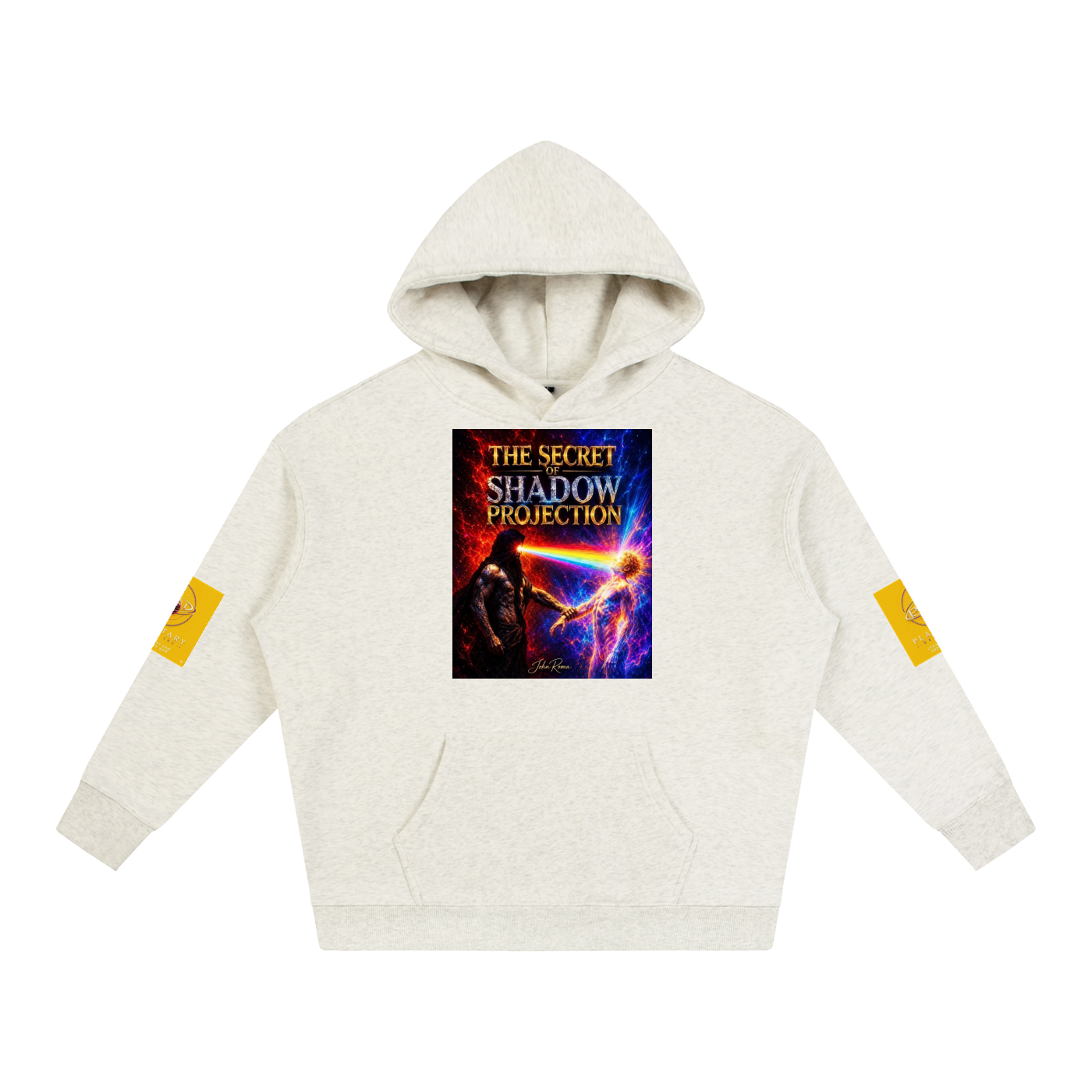 An off-white hooded sweatshirt with a colorful graphic print on the chest reading 'THE SECRET SHADOW PROJECTION' and yellow patches on both sleeves, shown on a plain white background.