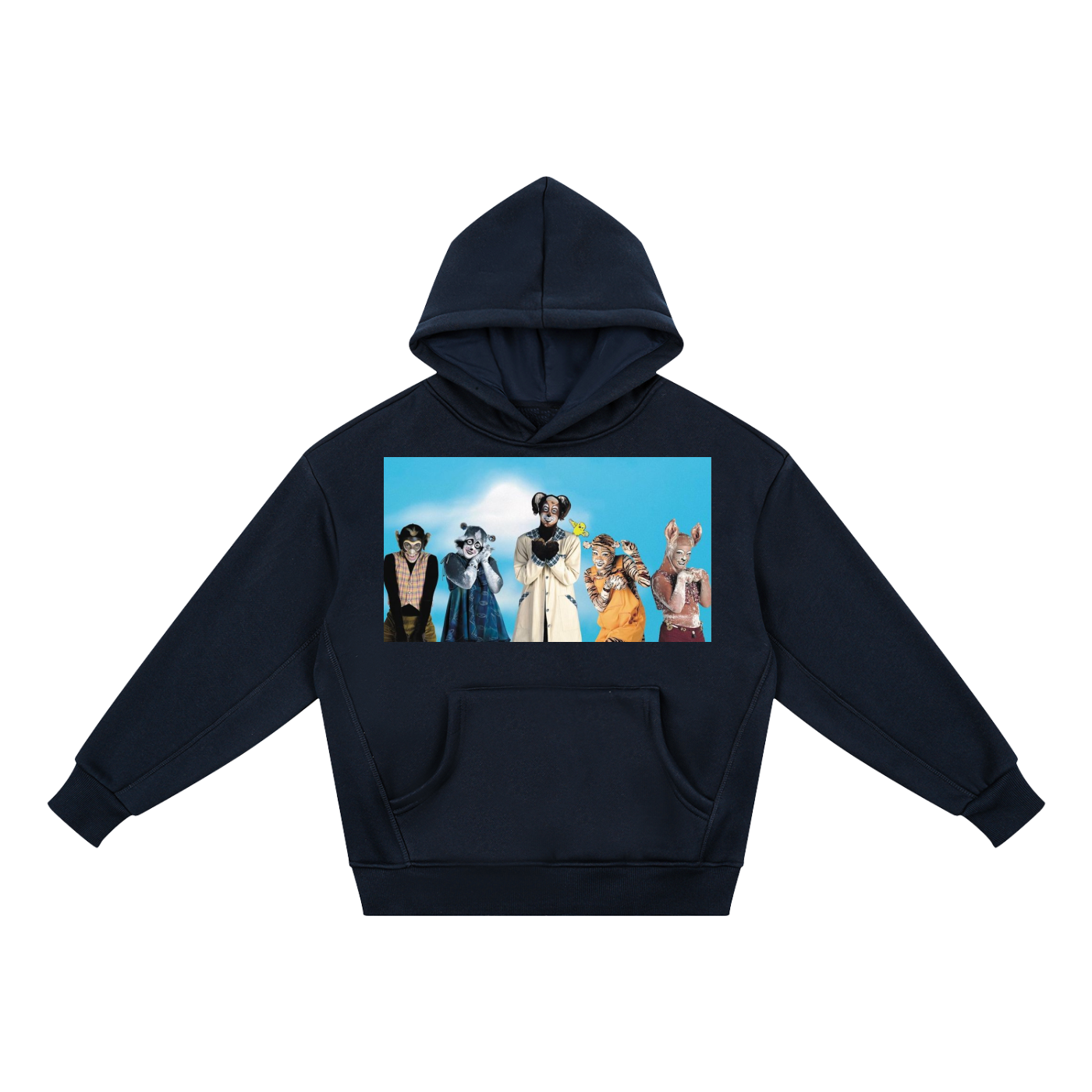 A navy blue kids' pullover hoodie with a front kangaroo pocket and a large rectangular graphic print on the chest showing cartoon characters against a blue sky, displayed on a solid white background.