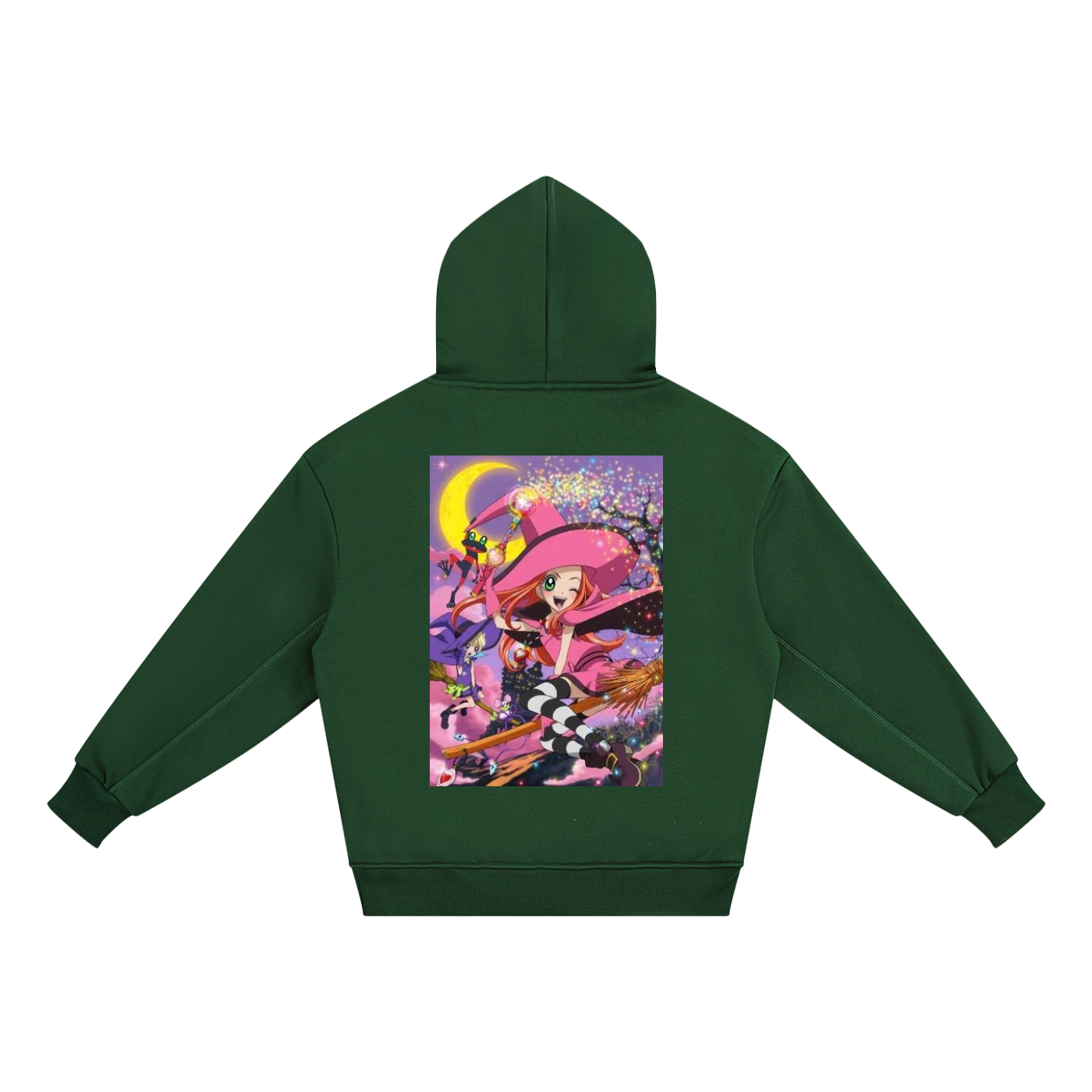 A dark green pullover hoodie shown from the back, featuring a large, colorful anime-style graphic print of a witch character on a pink and purple background.