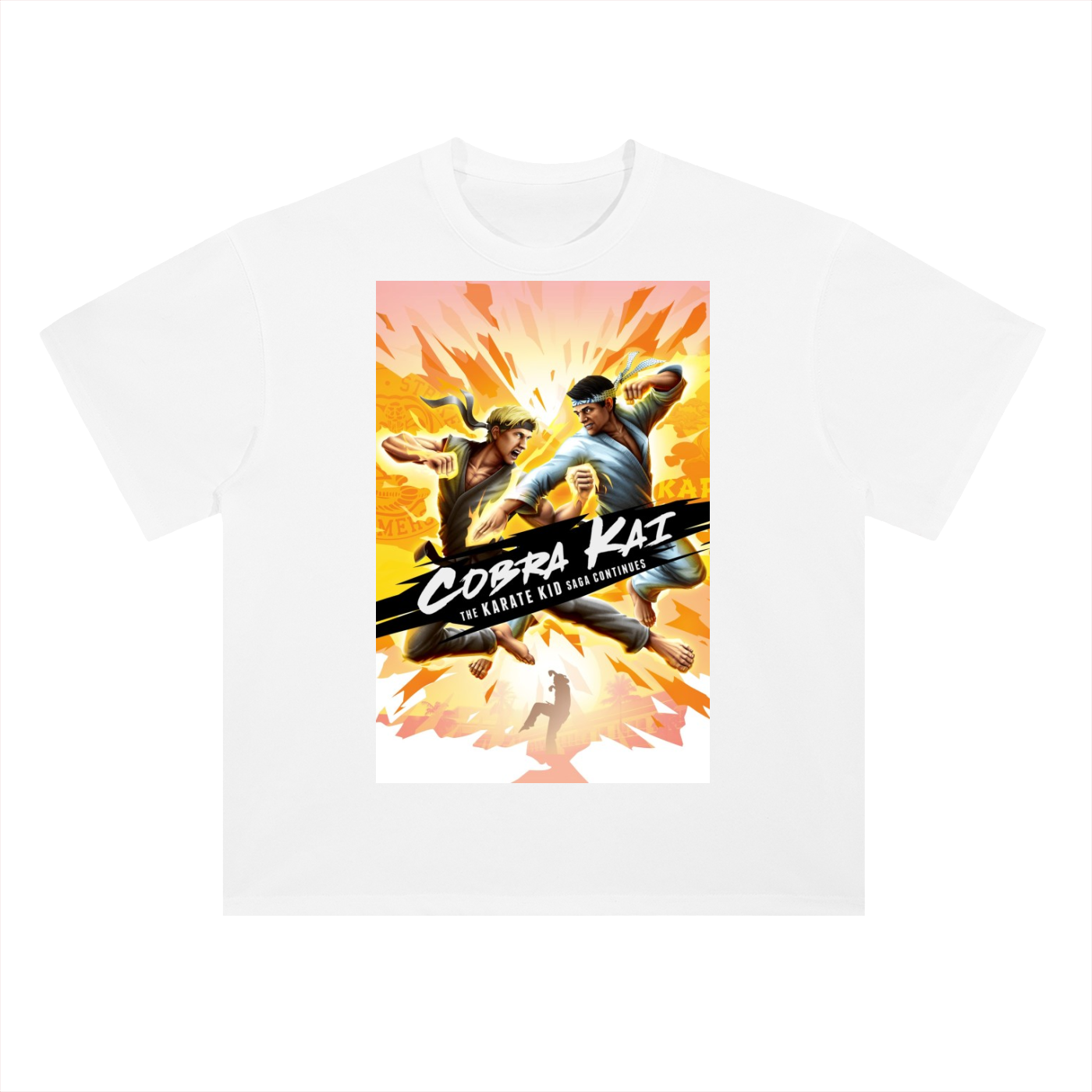 White t-shirt with Cobra Kai graphic design on a white background