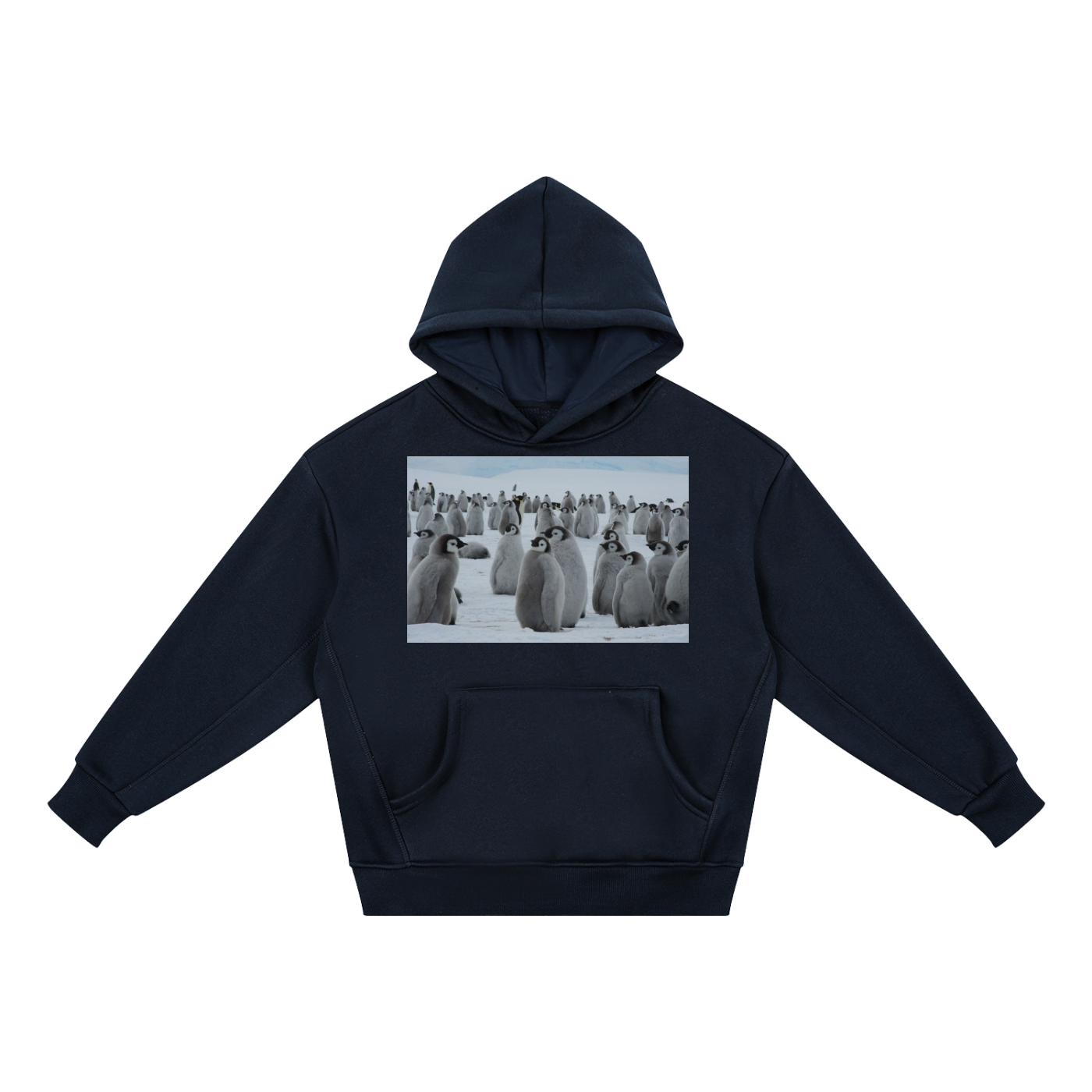Navy blue hoodie with a graphic of penguins on a white background