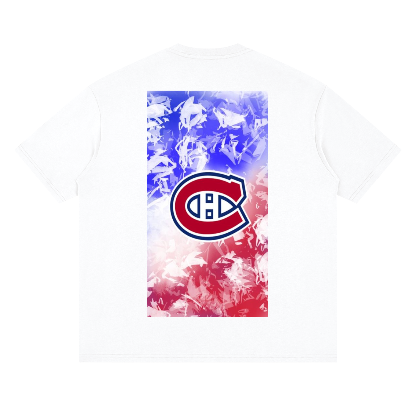 T-shirt with a colorful tie-dye design and Montreal Canadiens logo on a white background
