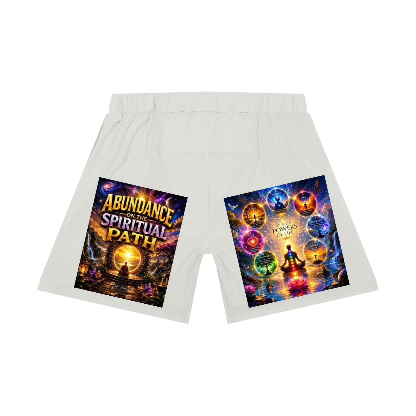 White boxer briefs with two colorful spiritual-themed graphic prints on the front, displayed on a clean white background.