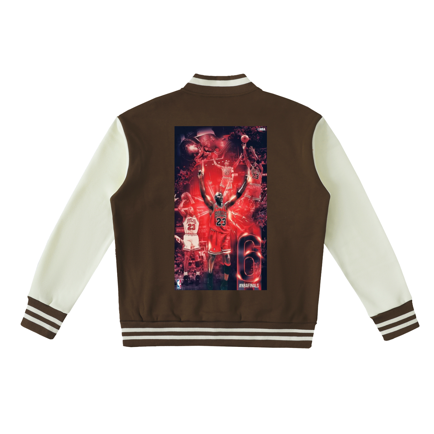 Brown and white varsity jacket with a graphic design on the back against a white background