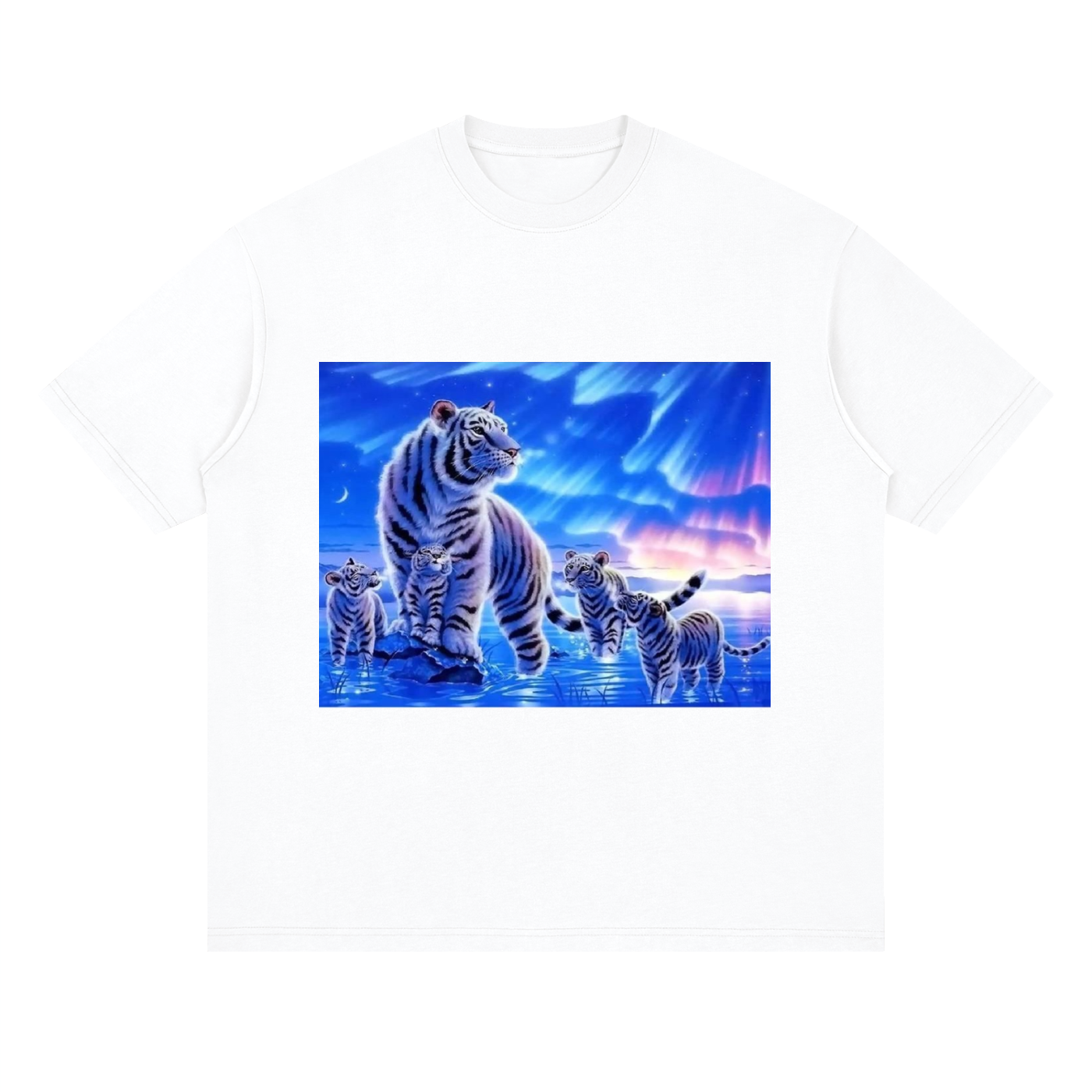 White t-shirt with a graphic of three tigers on a blue and purple sky background