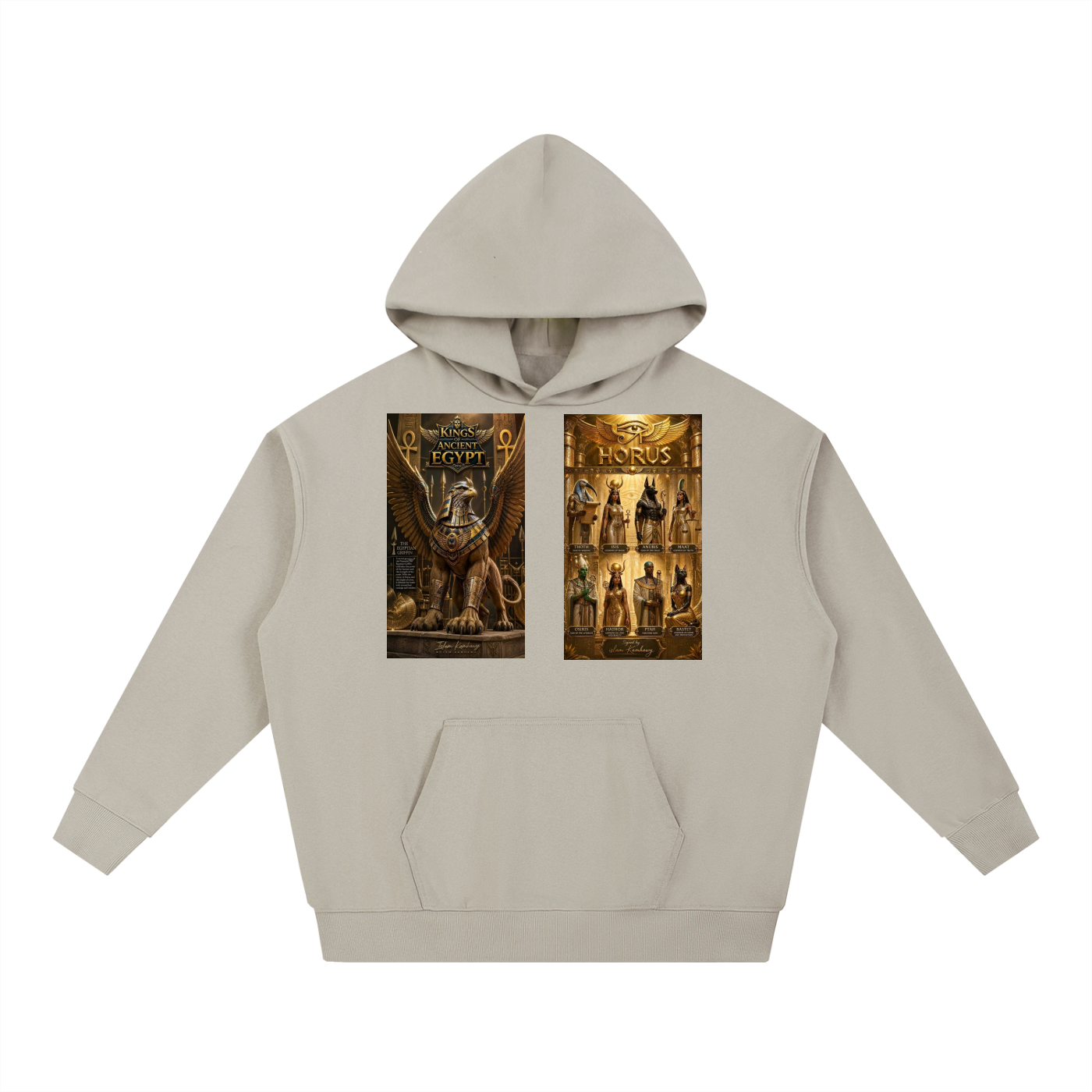 A light beige pullover hoodie with two rectangular graphic prints on the chest, displayed against a solid white background.