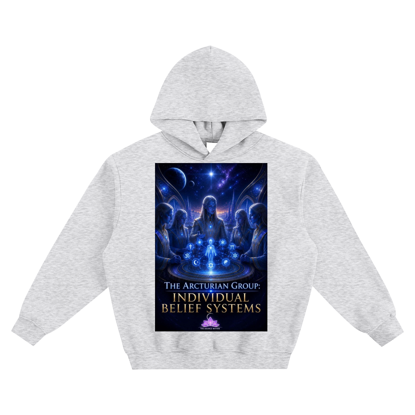 Gray hoodie with a graphic design on the chest featuring people around a glowing orb.