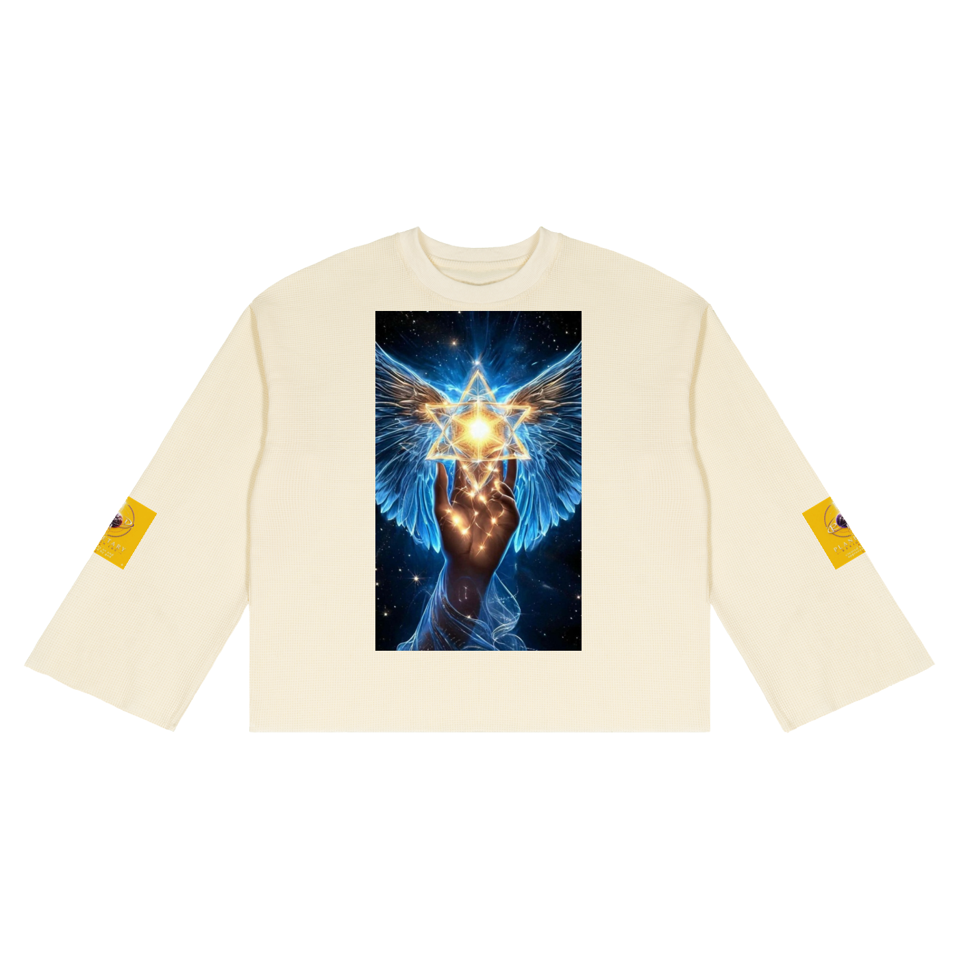 An off-white long-sleeve crewneck sweatshirt featuring a large graphic print on the chest of a winged hand holding a glowing golden triangle against a starry blue background. Each sleeve has a small yellow graphic patch.