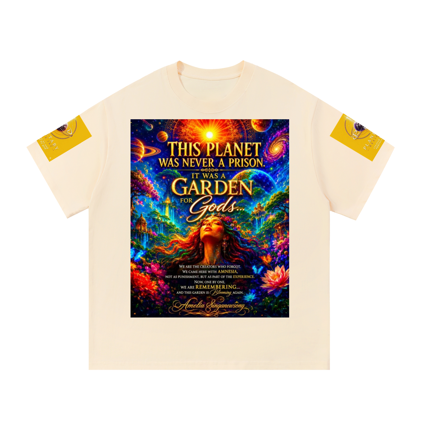 An off-white short-sleeve t-shirt with a large, colorful graphic print on the front. The graphic features a psychedelic, cosmic garden scene with a woman's face, flowers, and text reading 'THIS PLANET WAS NEVER A PRISON IT WAS A GARDEN FOR GODS.