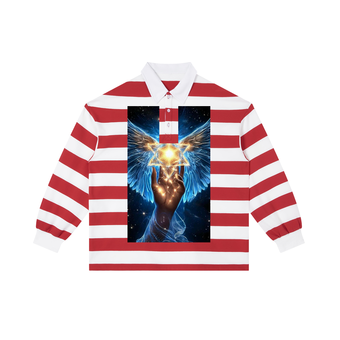 A long-sleeve rugby shirt with red and white horizontal stripes, featuring a large graphic print on the front of a winged hand holding a glowing golden triangle symbol against a dark starry background.