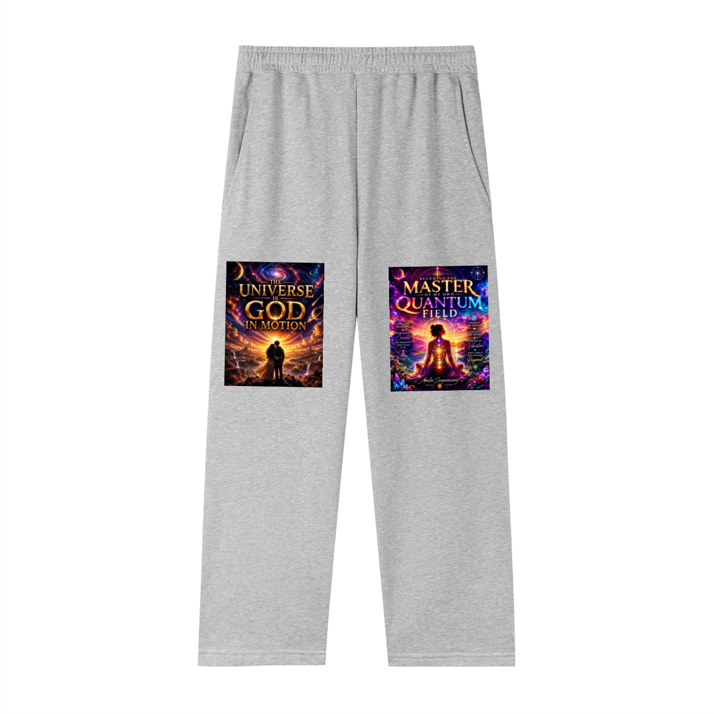Gray sweatpants with 'Universe God in Motion' and 'Master Quantum' graphic designs on a white background