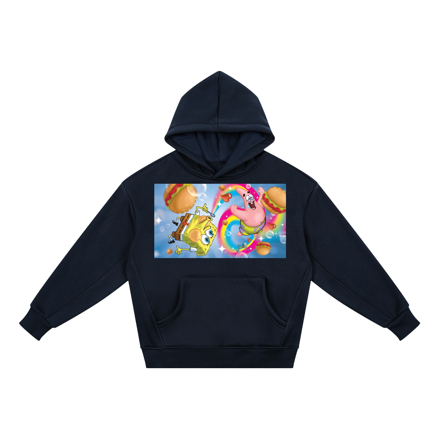 Black hoodie with a colorful cartoon design on a white background