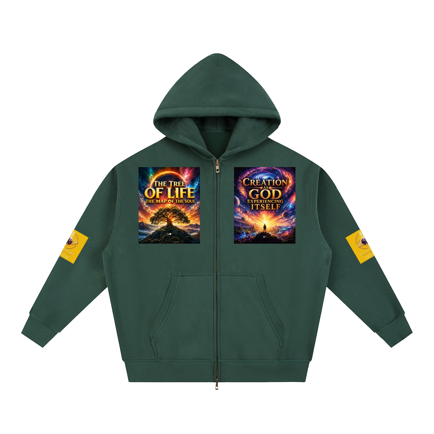 A dark green full-zip hoodie with two colorful graphic prints on the chest and yellow patches on both sleeves, shown against a plain white background.
