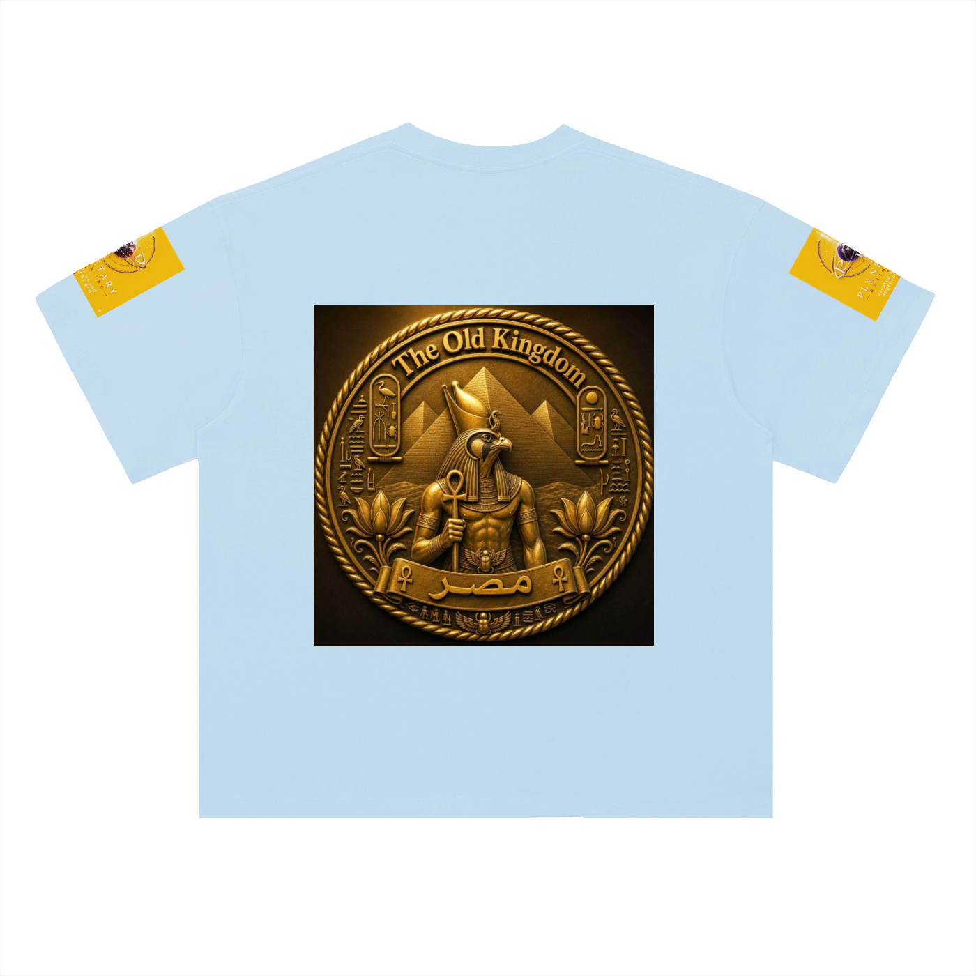 A light blue short-sleeve t-shirt with a large square graphic on the chest depicting a golden Egyptian emblem with the text 'The Old Kingdom'. The sleeves feature yellow patches with black graphics.