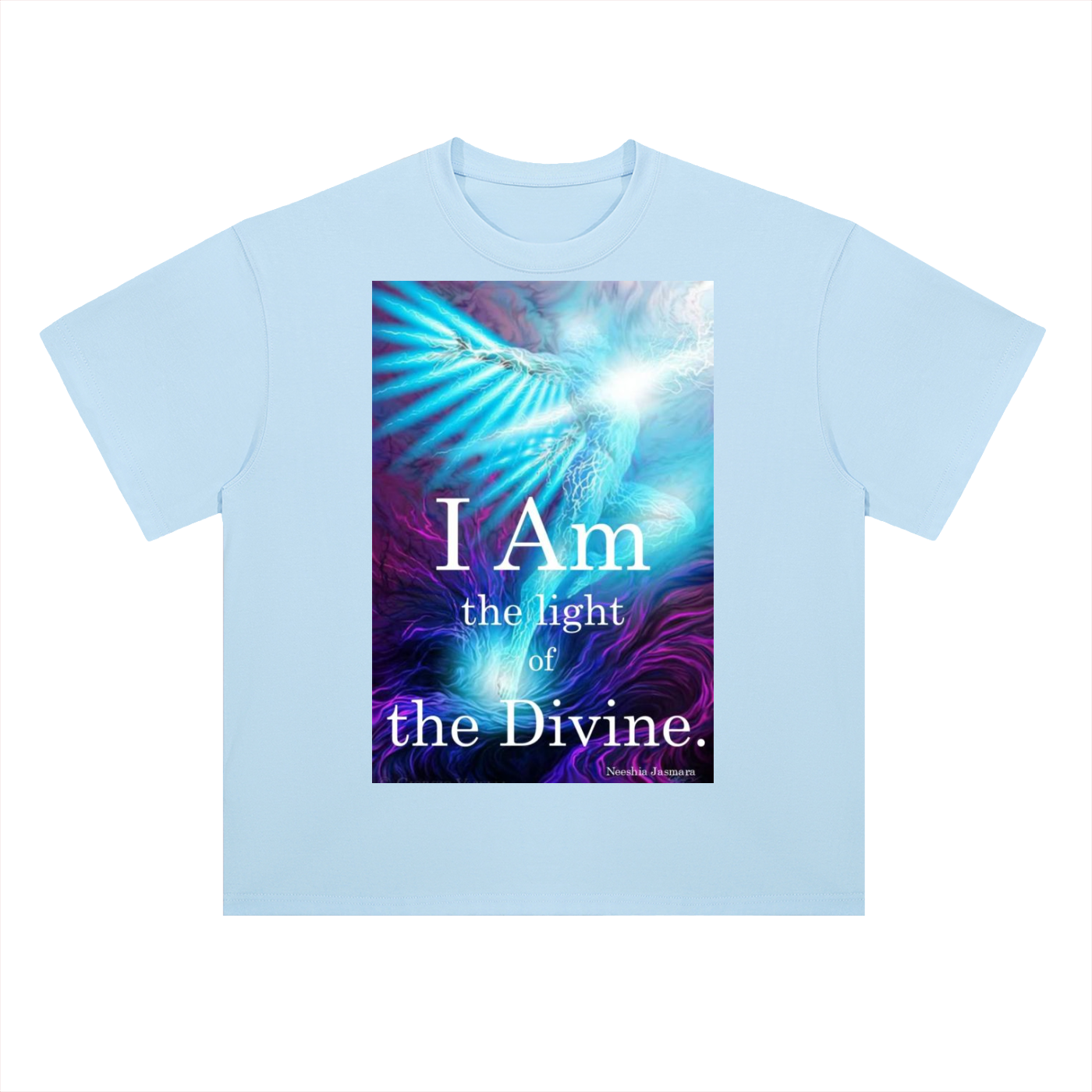 Light blue t-shirt with a colorful design and text on a white background