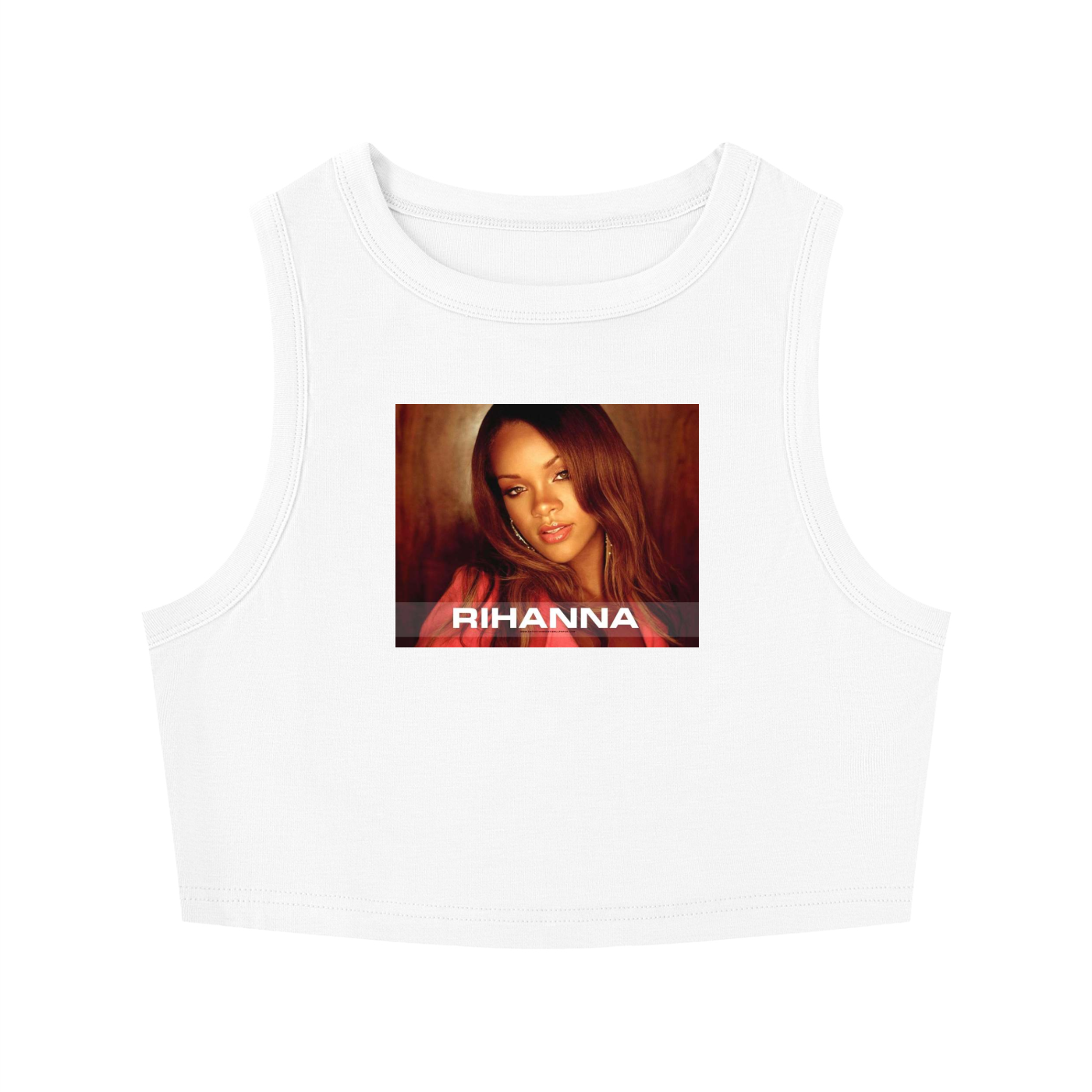 White tank top with a graphic of Rihanna on a white background