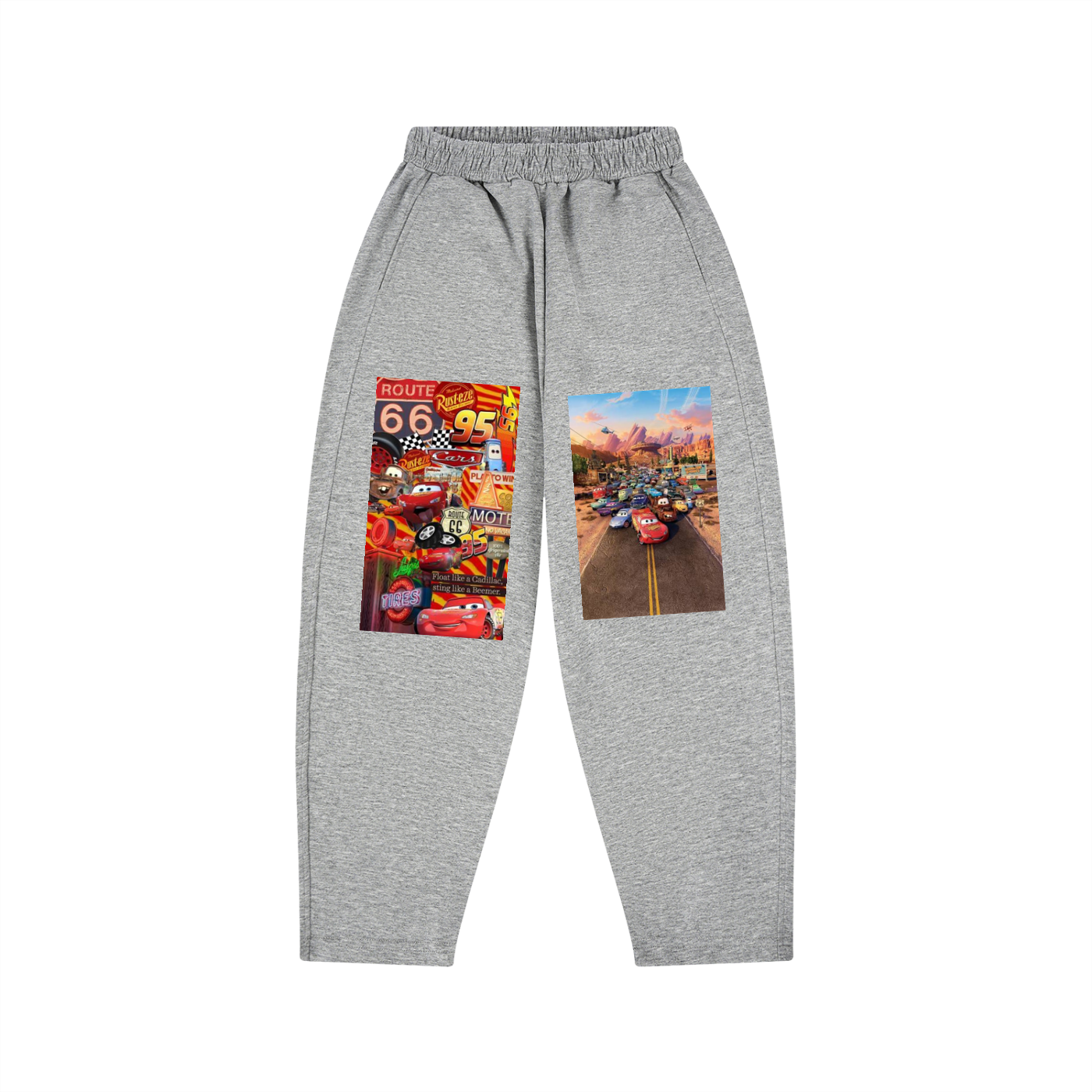 Gray sweatpants with animated car design on a white background