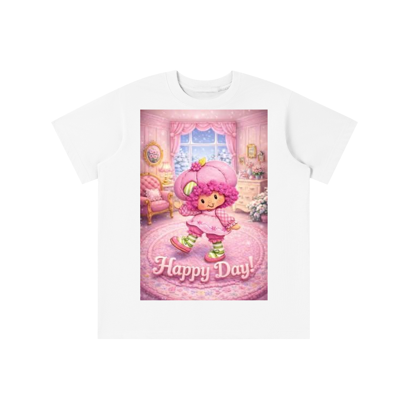 White t-shirt with a cartoon character and 'Happy Day!' text on a pink background