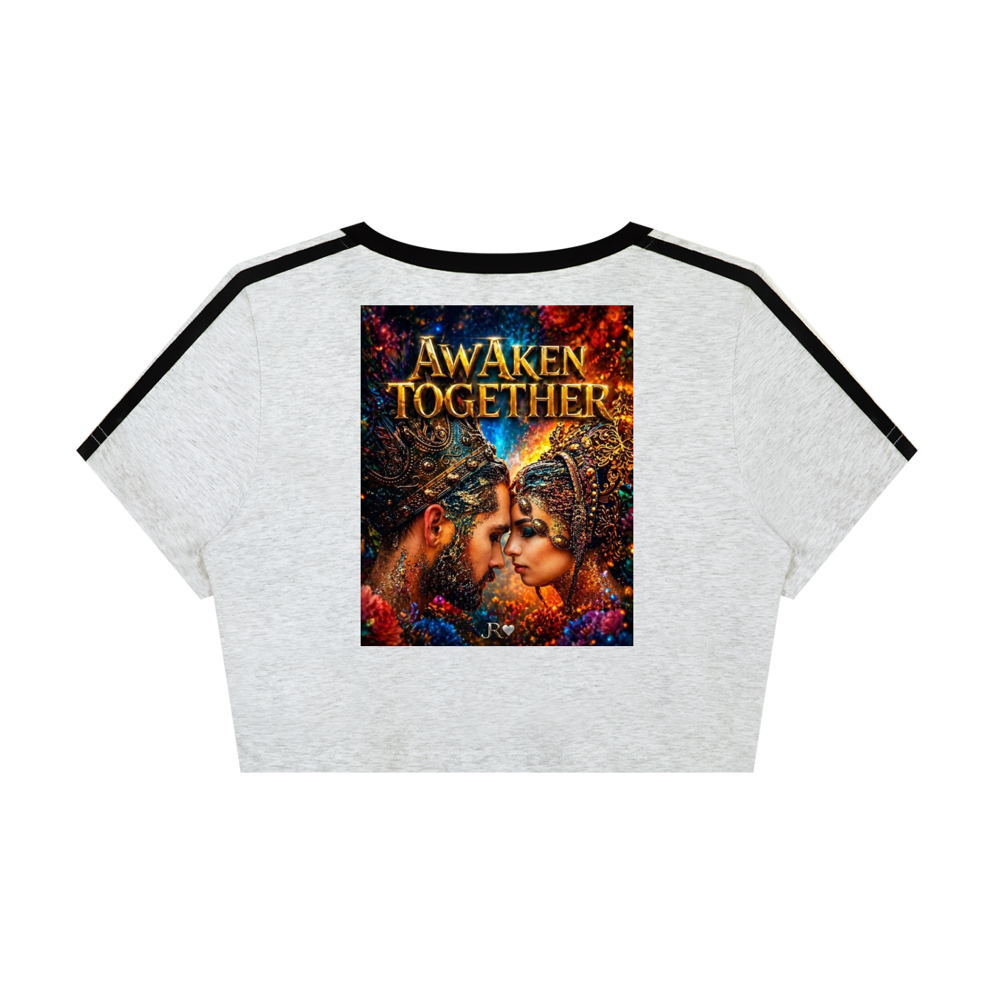 A light heather gray cropped ringer t-shirt with black sleeve trim, featuring a large colorful graphic print on the front with the text 'AWAKEN TOGETHER' and an illustration of a couple.
