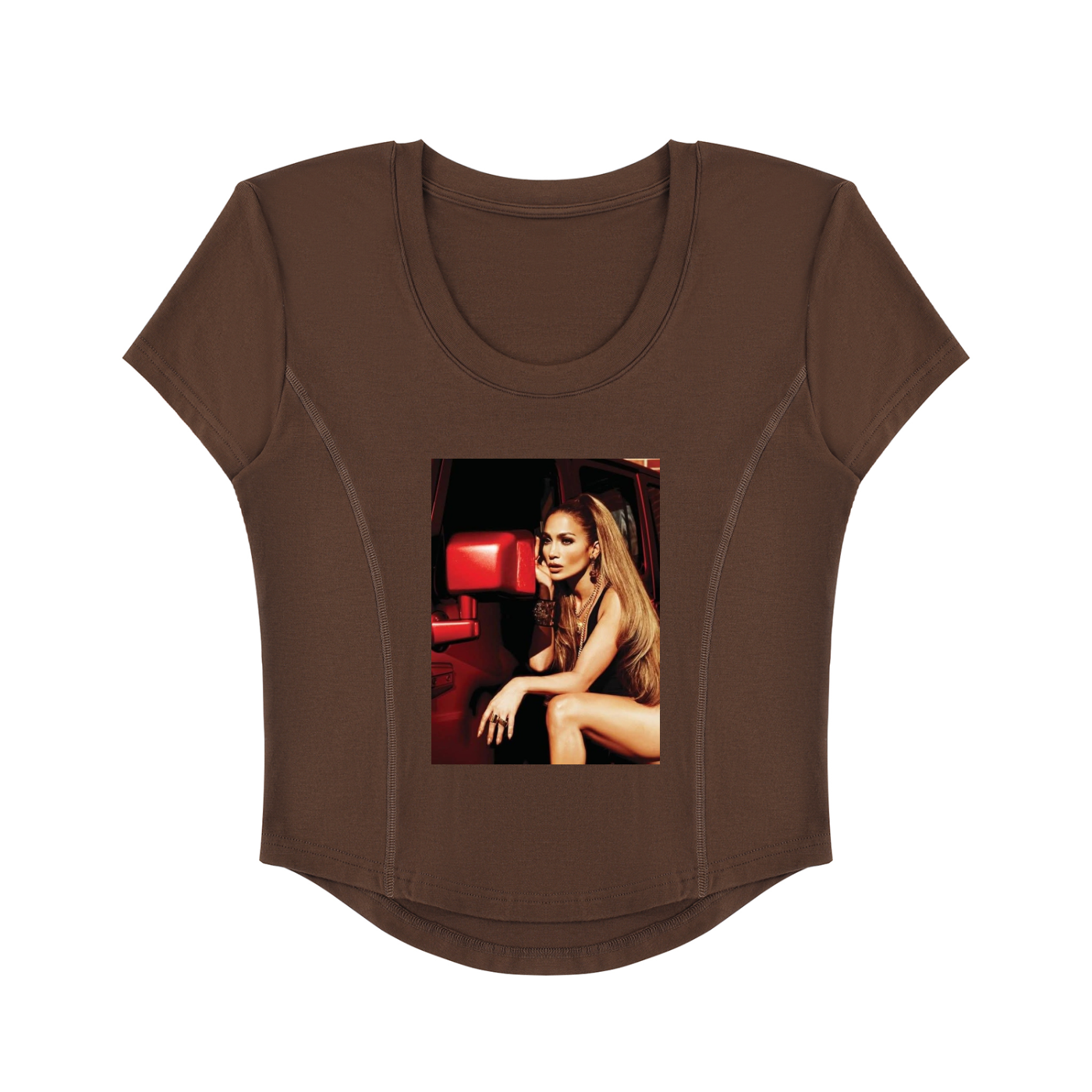 Brown t-shirt with a graphic of a woman on a white background