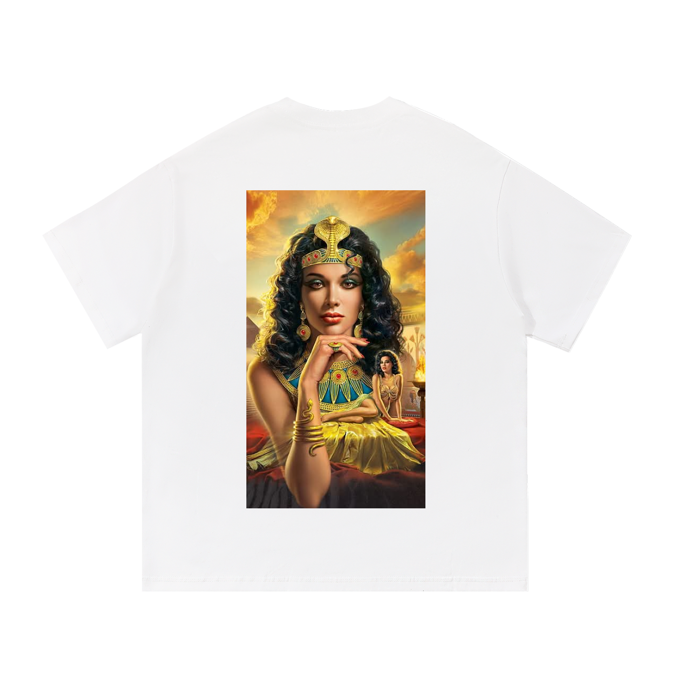 White t-shirt with a graphic of a woman in regal attire on a white background