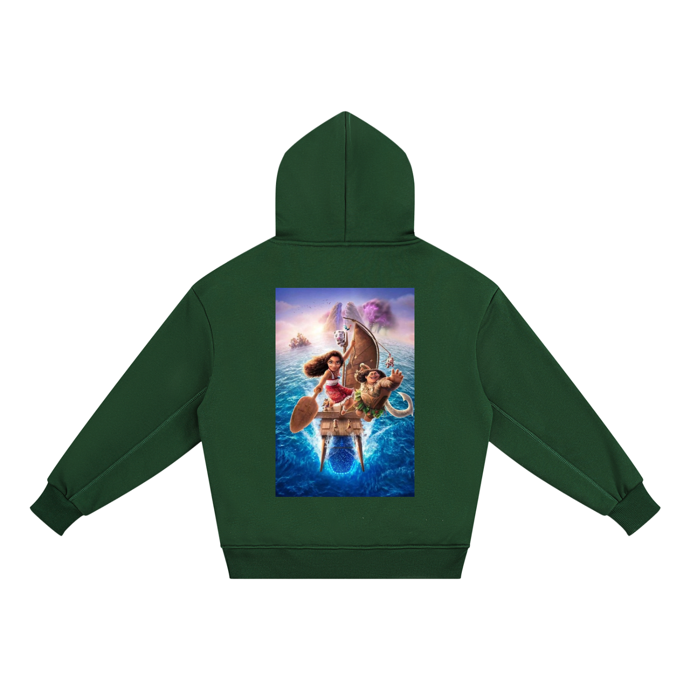 Green hoodie with a colorful graphic of characters on the back, on a white background