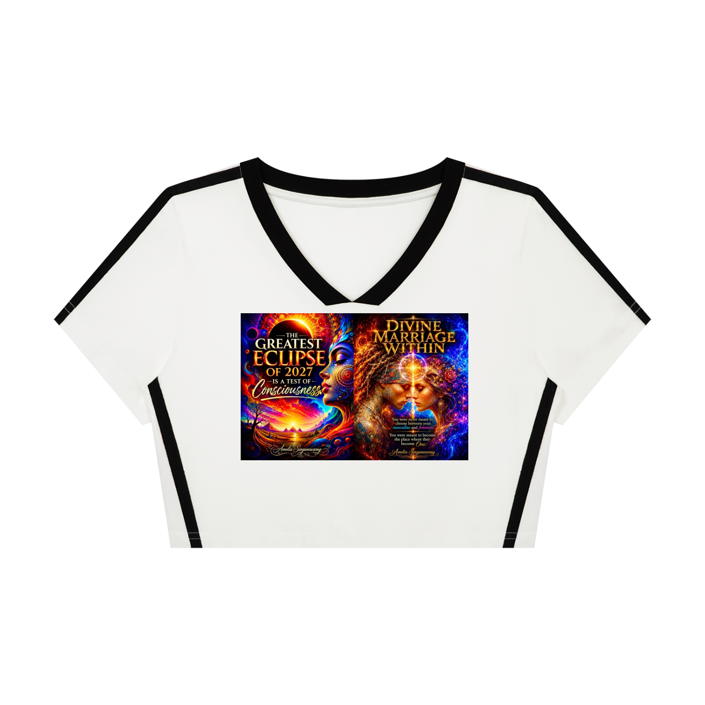 A white ringer crop top t-shirt with black trim on the collar and sleeve cuffs, featuring a colorful graphic print on the front depicting an eclipse and the text 'Greatest Eclipse of 2021' and 'Divine Marriage Within'.