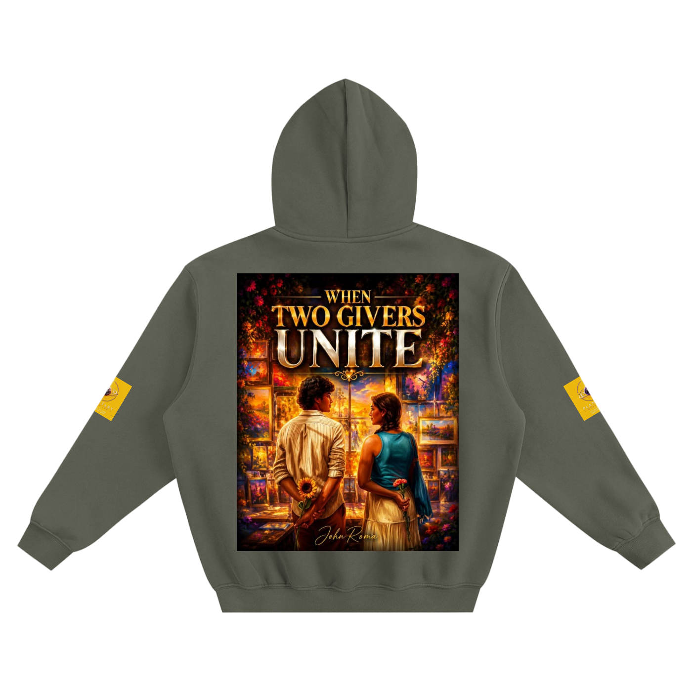 Green hoodie with a graphic of two people and text on the back, on a white background