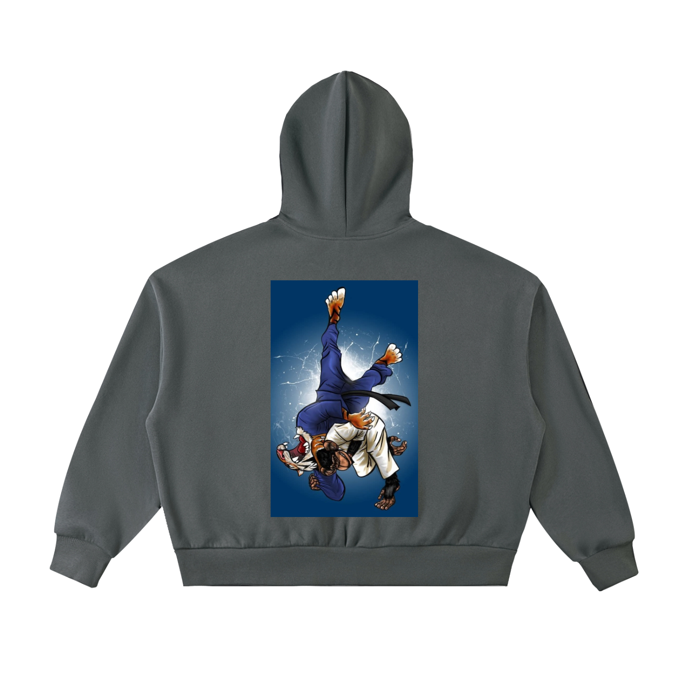 Gray hoodie with a martial arts design on the back against a white background