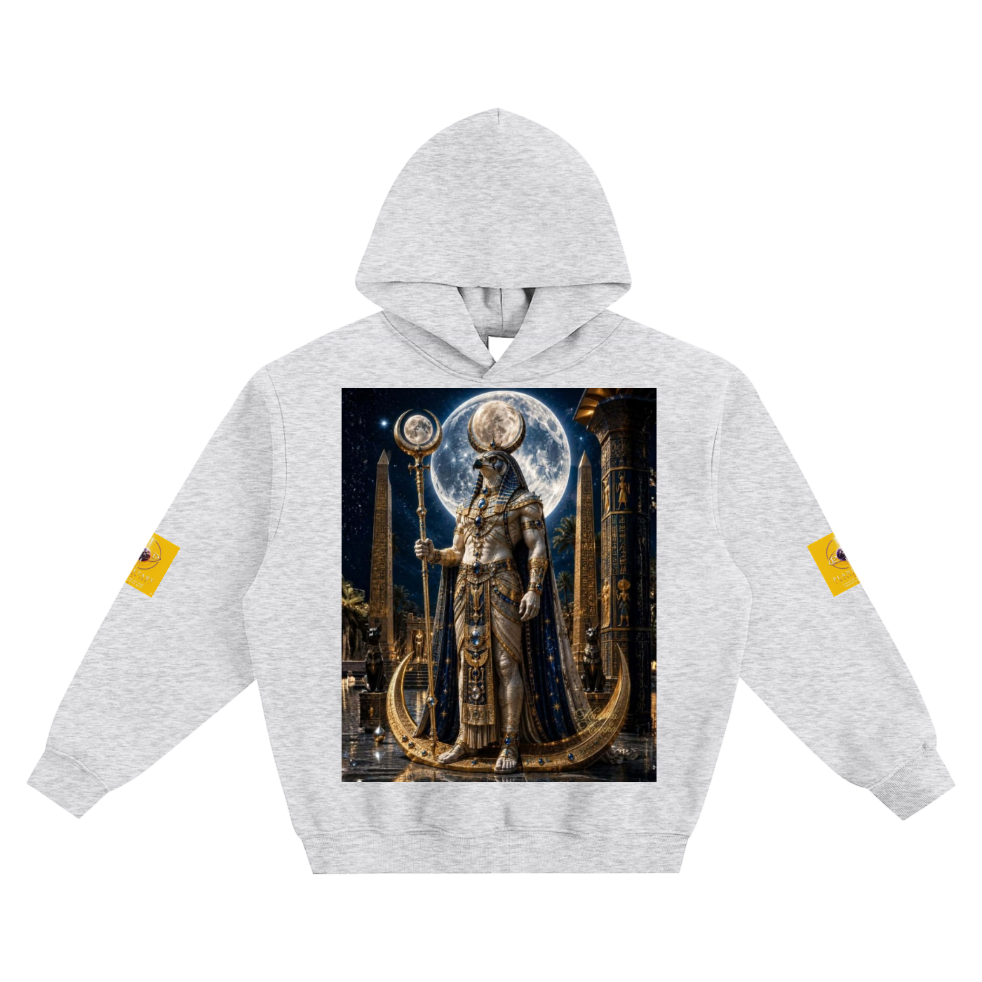 A light heather gray pullover hoodie featuring a large, detailed fantasy graphic print on the front depicting a golden statue in front of a full moon, with small yellow graphic patches on both sleeves, shown against a plain white background.