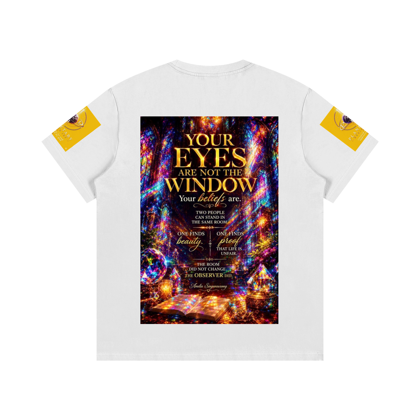 White t-shirt with colorful graphic and text on the back, on a white background
