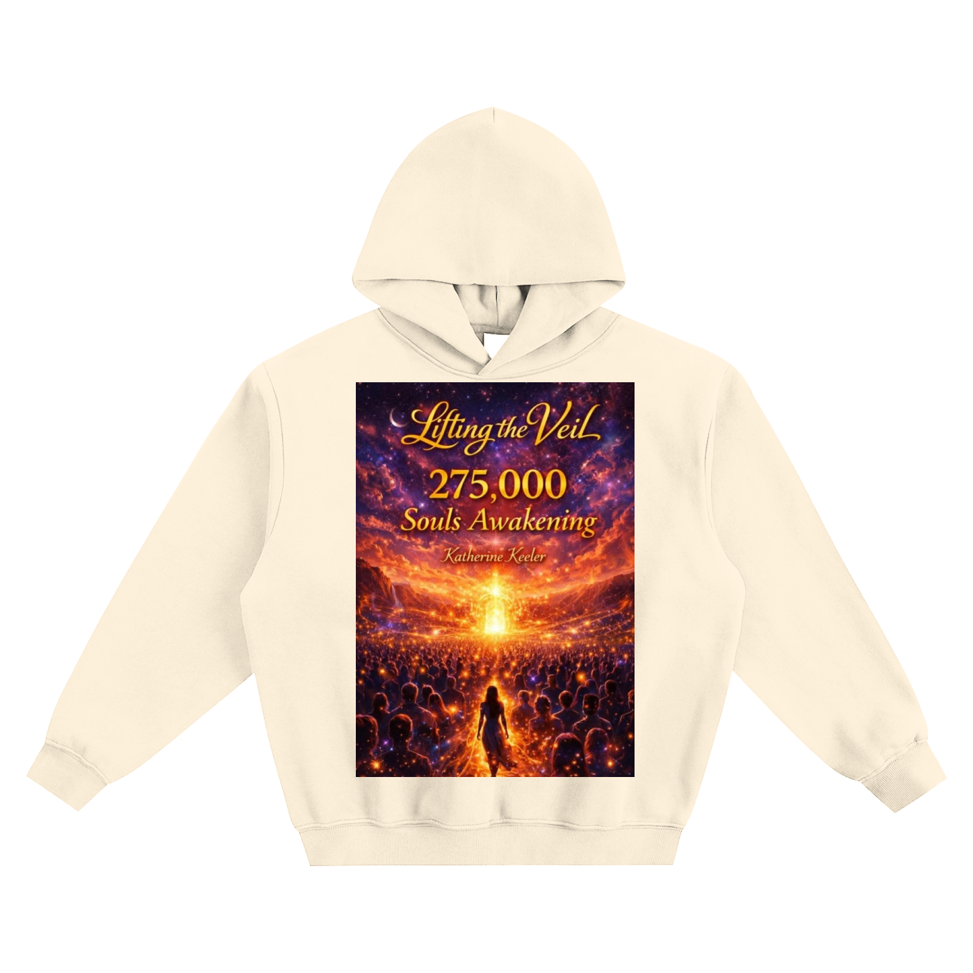 Beige hoodie with a graphic design on the front featuring text and a fiery background.