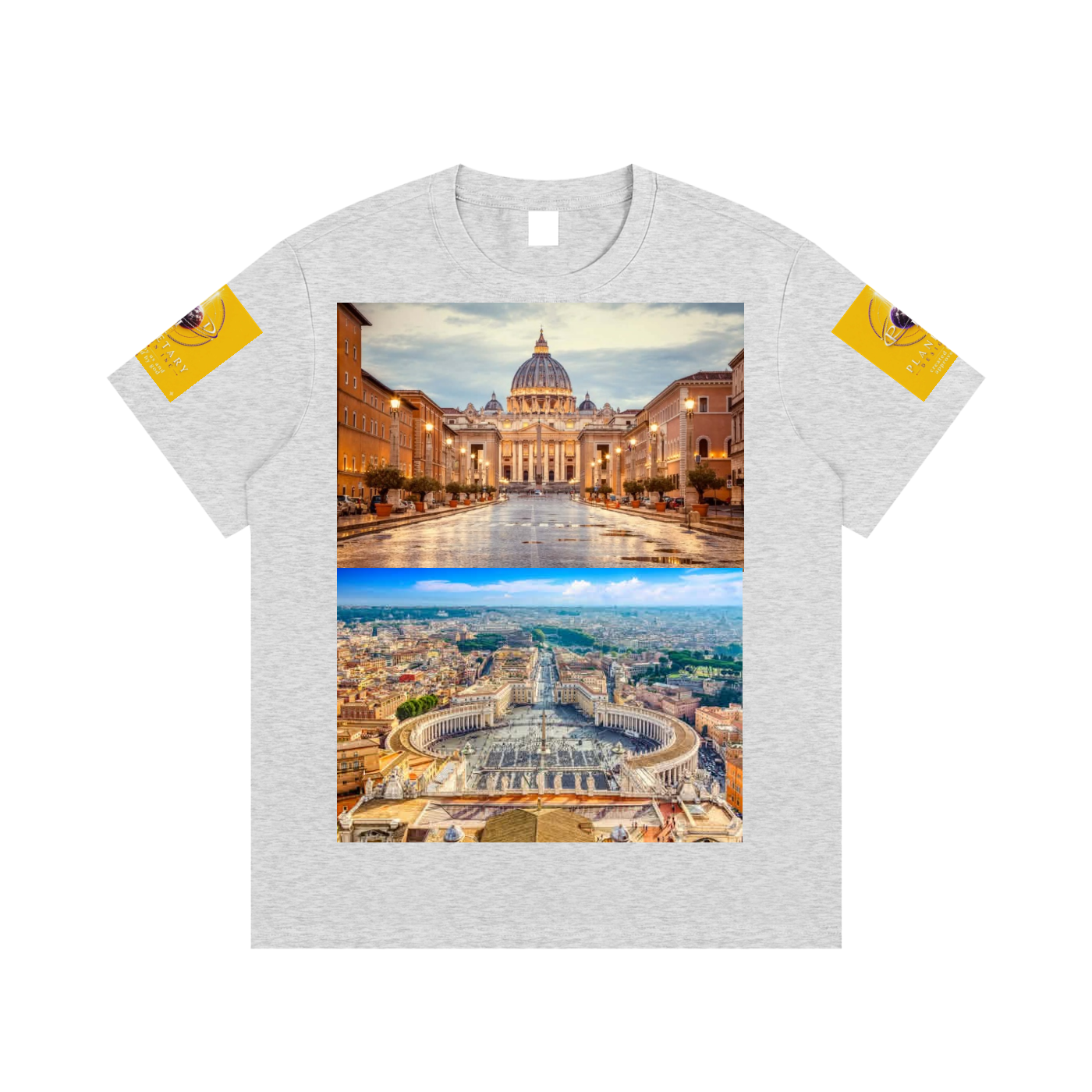 Gray t-shirt with Vatican City images on a white background